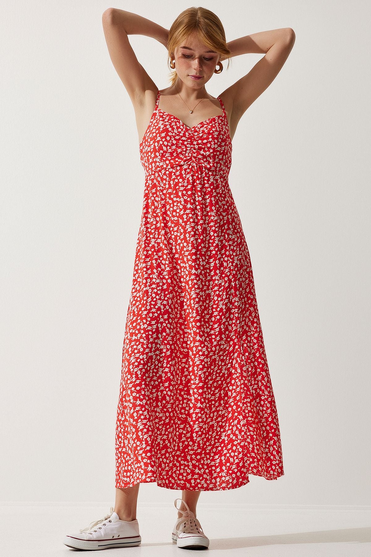 Female red strap patterned viscose dress ub00236