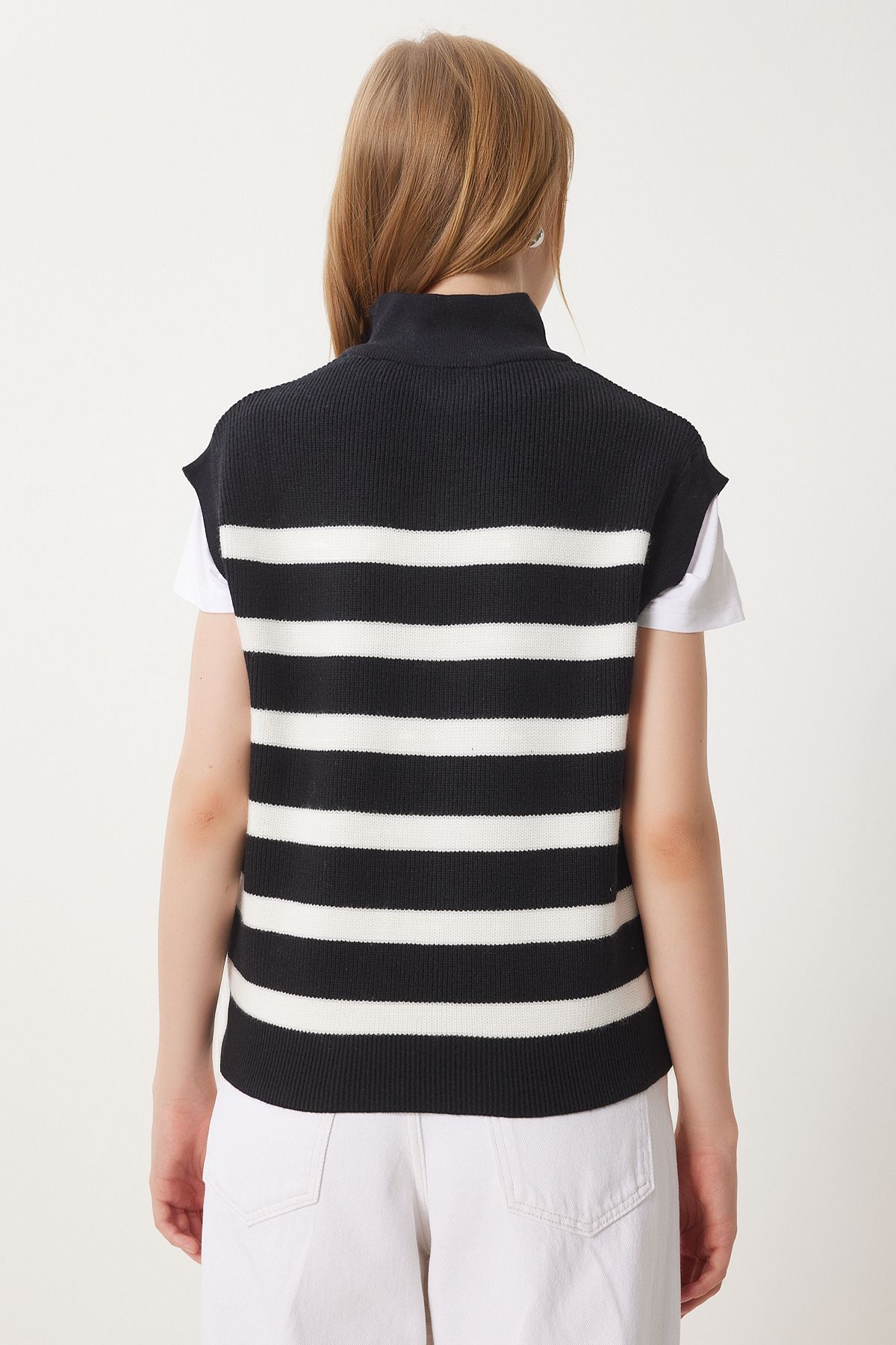 Female black zipper collar striped knitwear sweater US00944