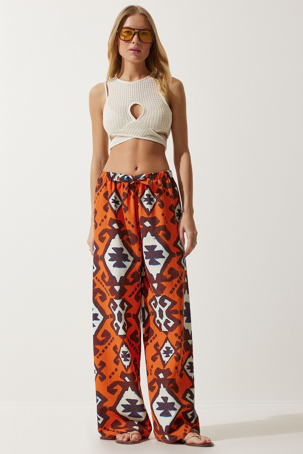 Female Orange Patterned Raw Linen Palazzo Pants BH00397