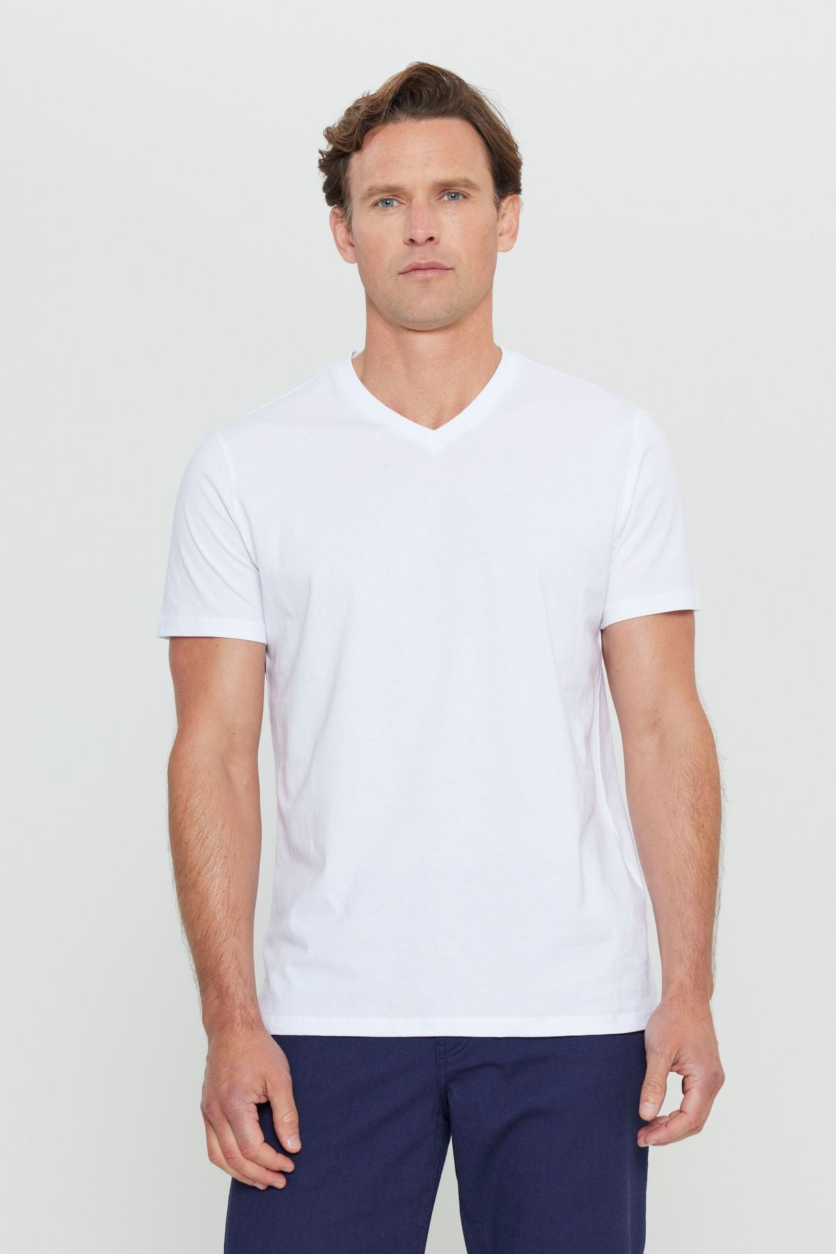 Male 100 %Cotton V -Neck White Slim Fit Narrow Cut T -shirt