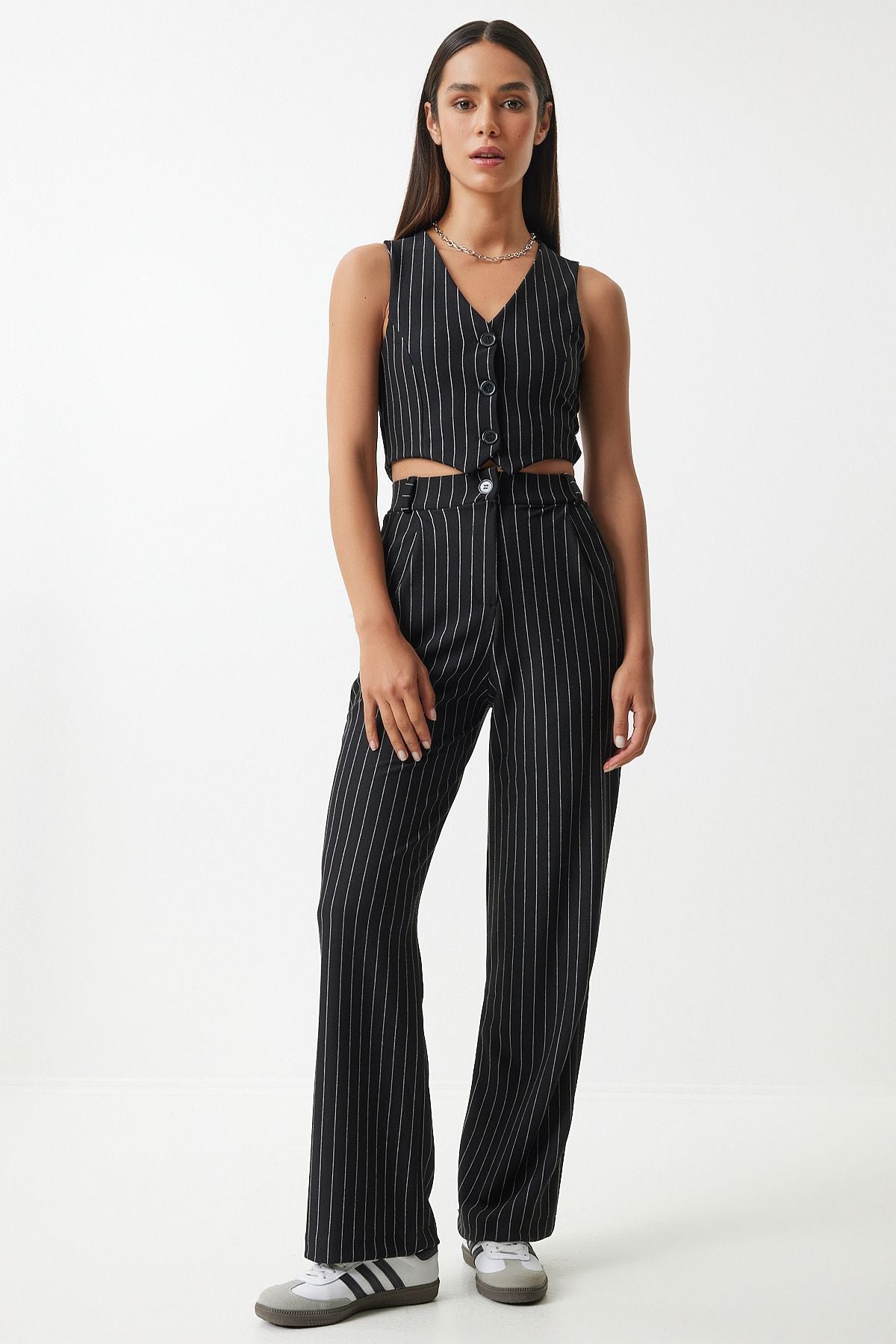 Female black fine striped knitted vest pants set Mc00287