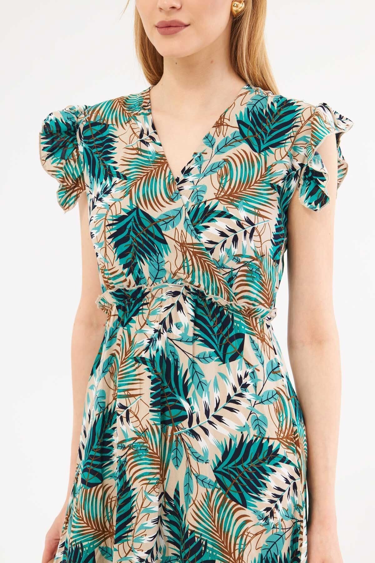 Female Green Cruve Neck Shoulder Ruffle Detailed Waist Midi Boy Dress ARM-24Y001020