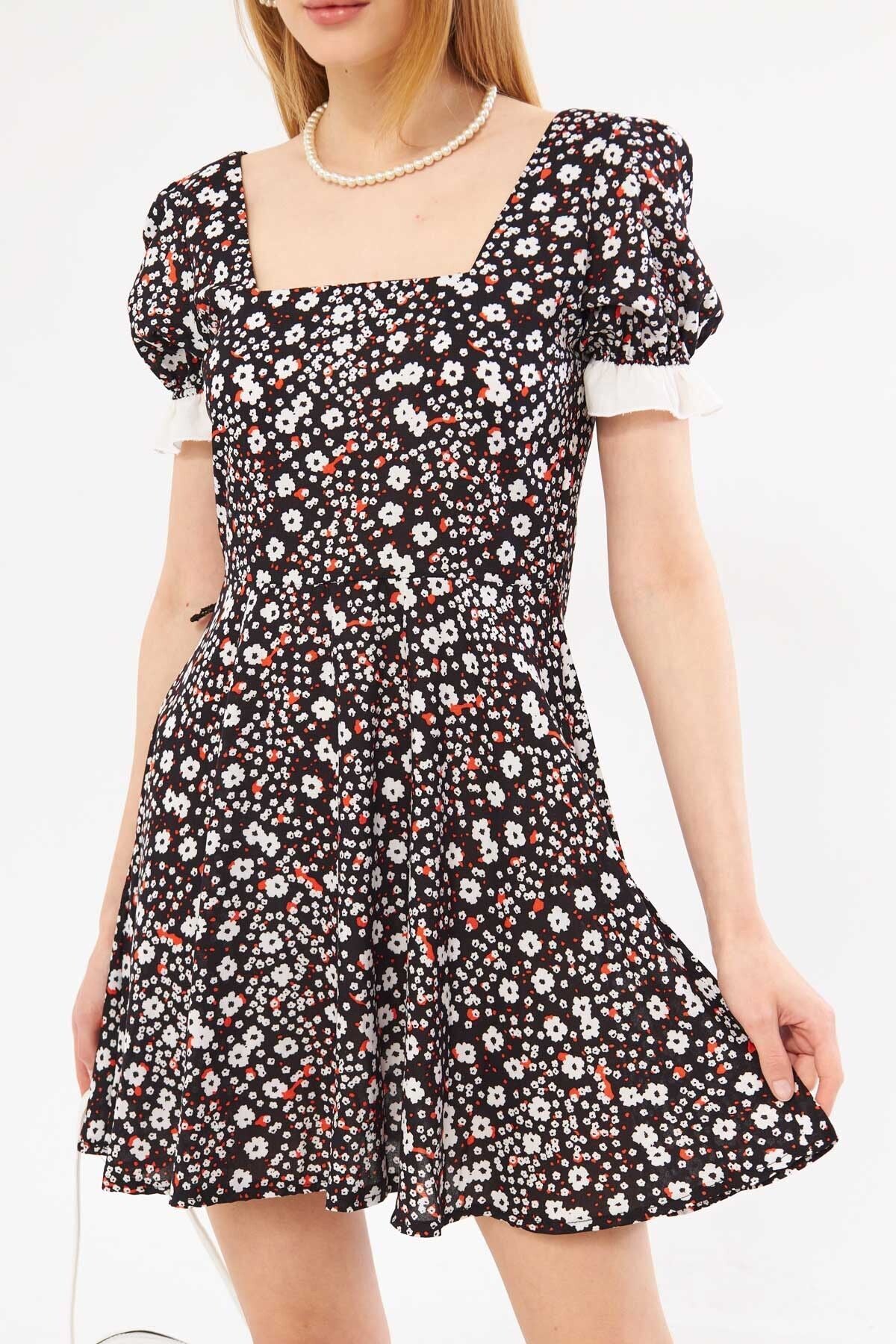 Female black front rear backflower strap detailed dot watermelon sleeve kloş mini dress ARM-24Y001051