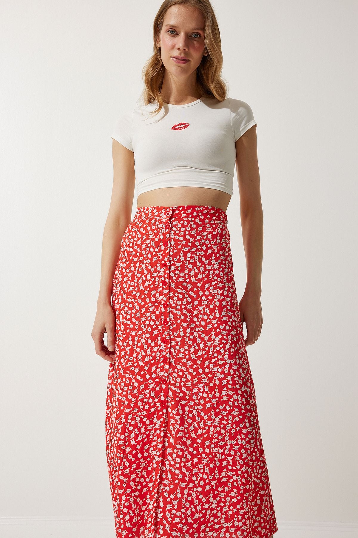 Female Orange Patterned Slit viscose skirt UB00246
