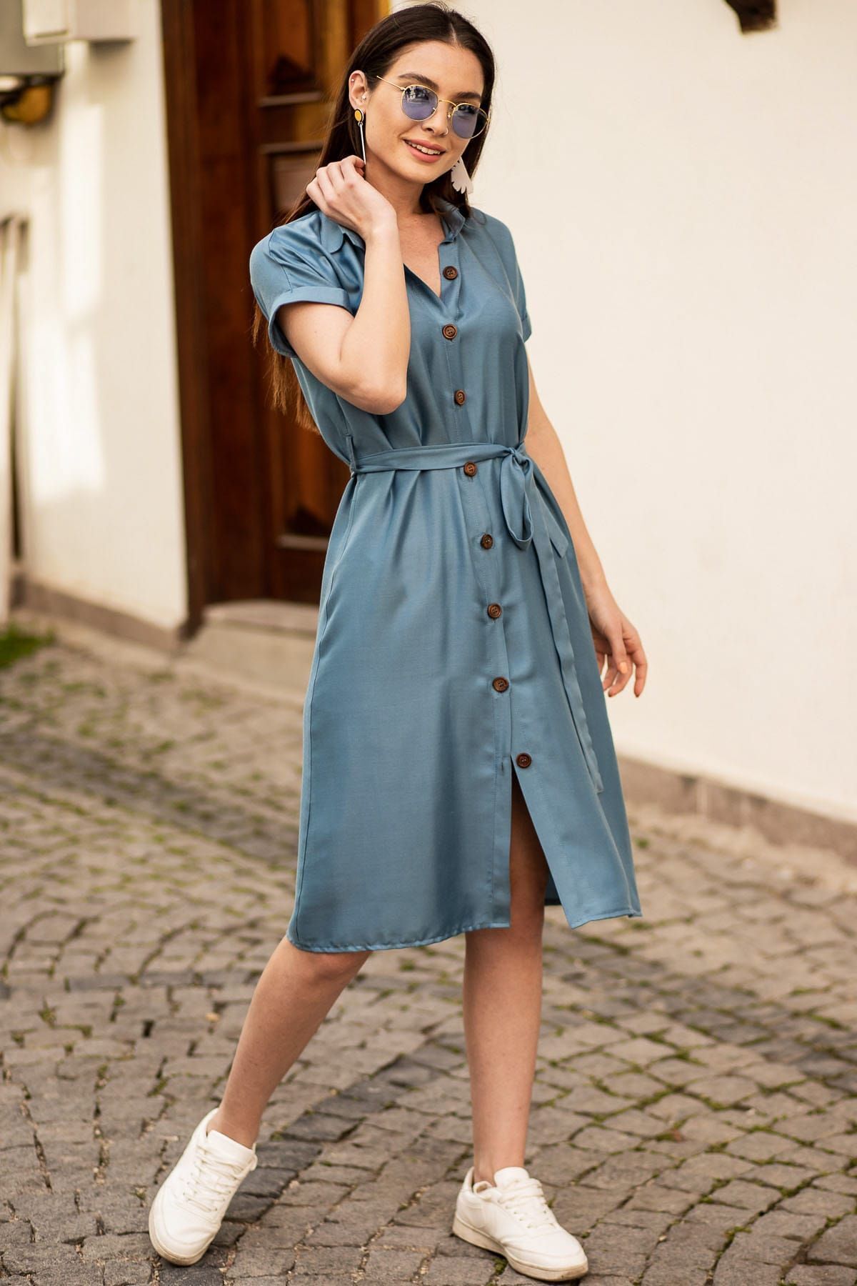 Woman Indigo Waist Belt Short Sleeve Shirt Dress ARM-19Y001068