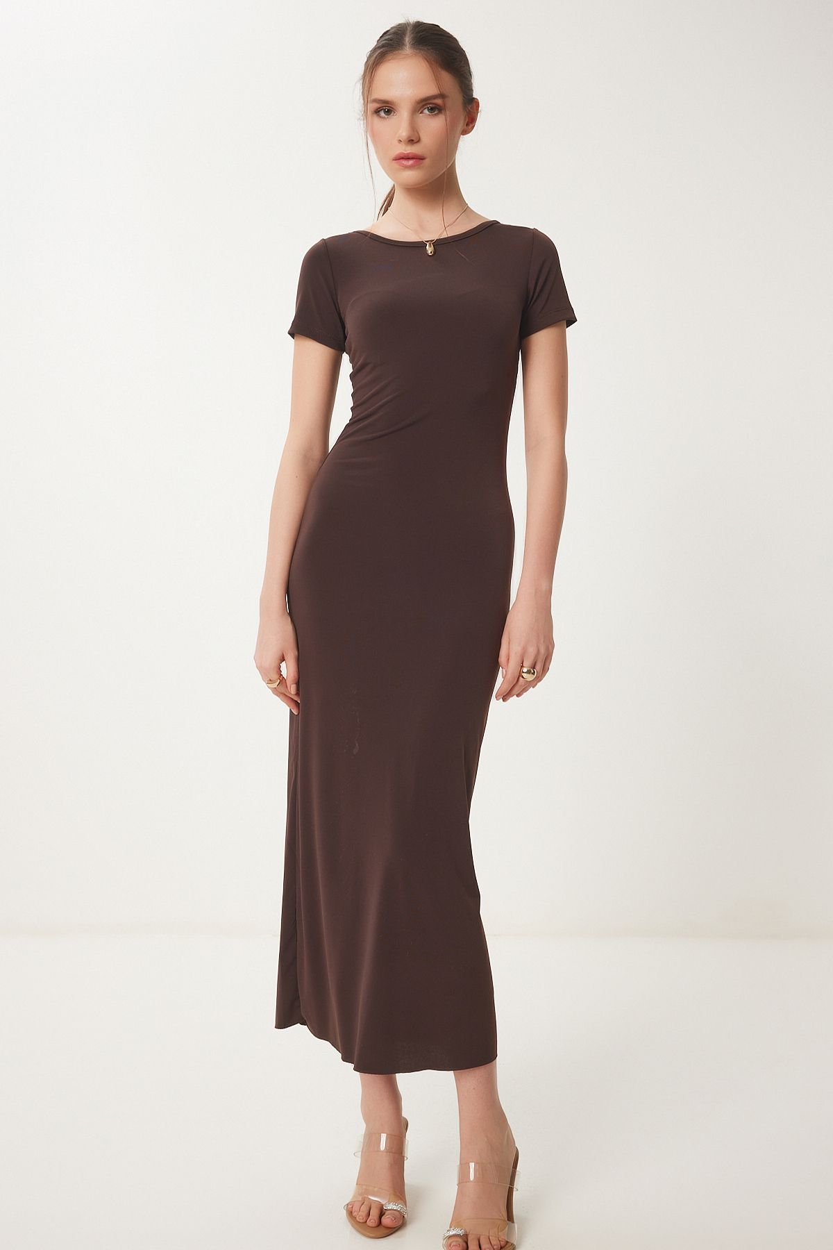 Women's Brown Back Décollette Long Sandy Knitting Dress DZ00115