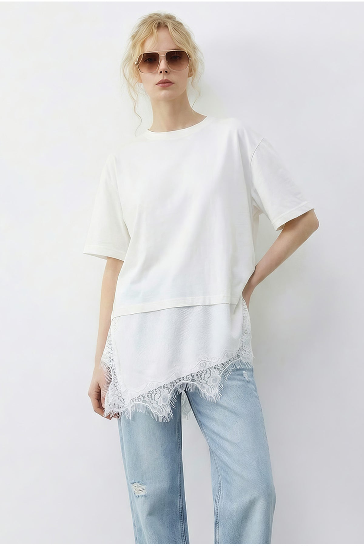 Women's Asymmetrical Lace Hemline Oversize T-Shirt 8716 60283956