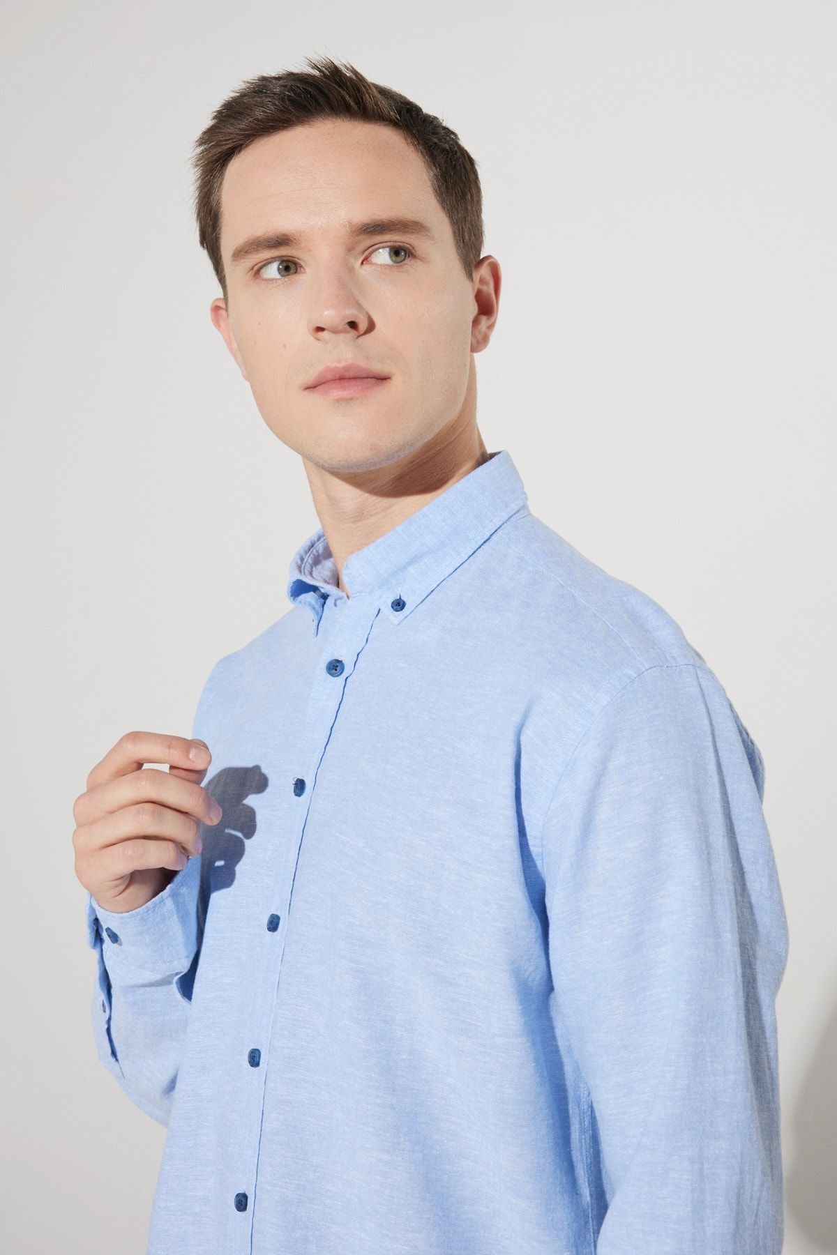 Men's Blue Linen Comfort Fit Casual Cutting buttoned collar shirt