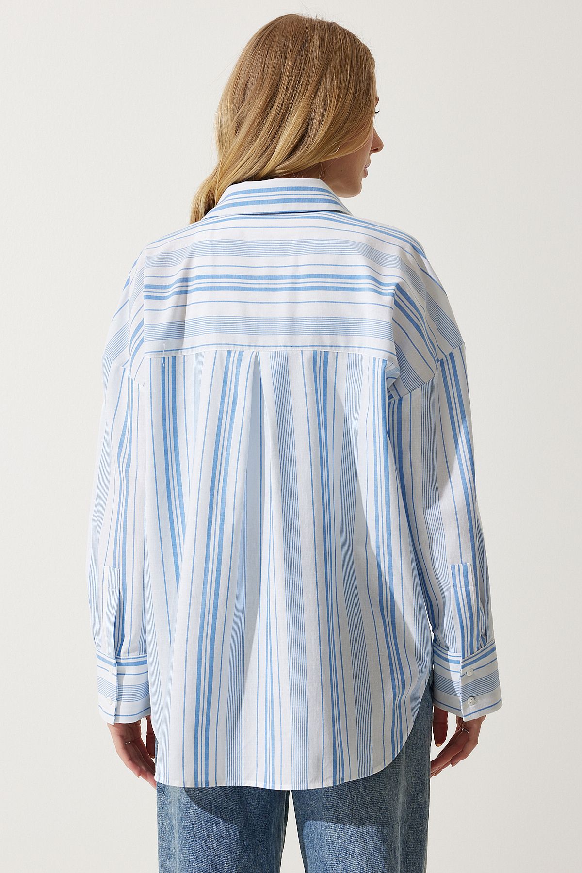 Woman White Blue Striped Cotton Oversize Shirt HK00034