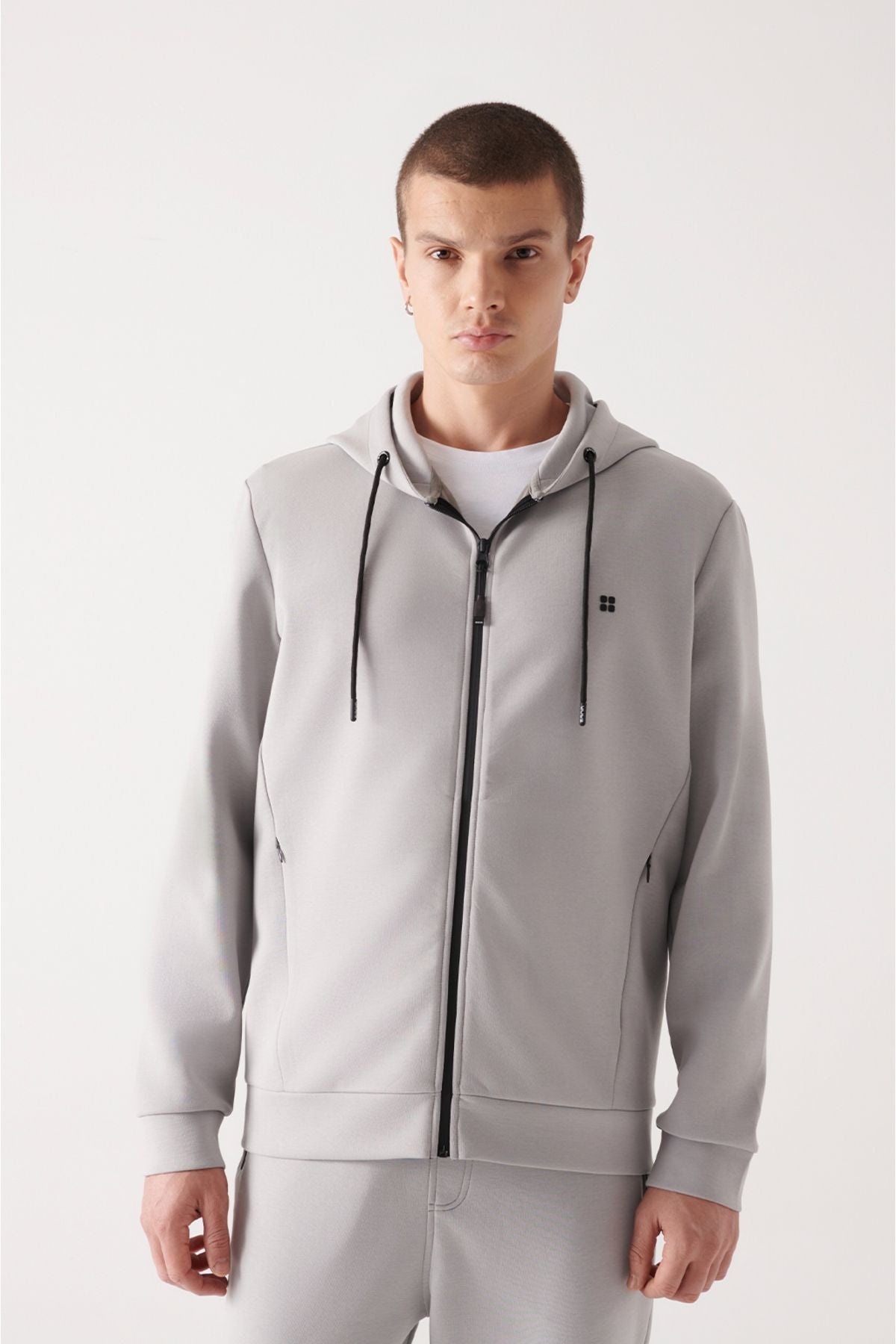 Men's Gray Hooded Interlok Fabric Zippered Sweatshirt B001102