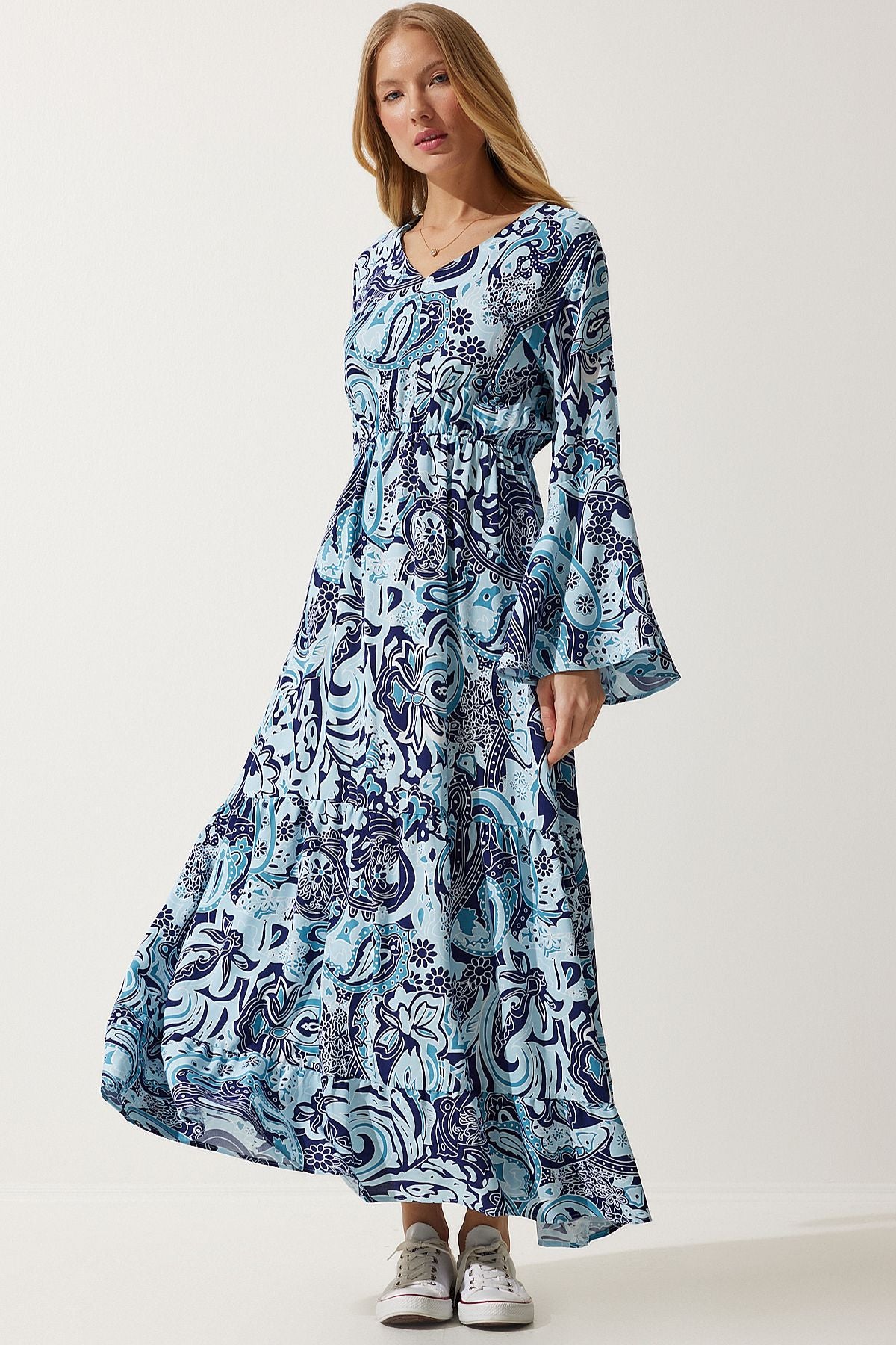 Women's Sky Blue Patterned Summer Visose Dress DD01303