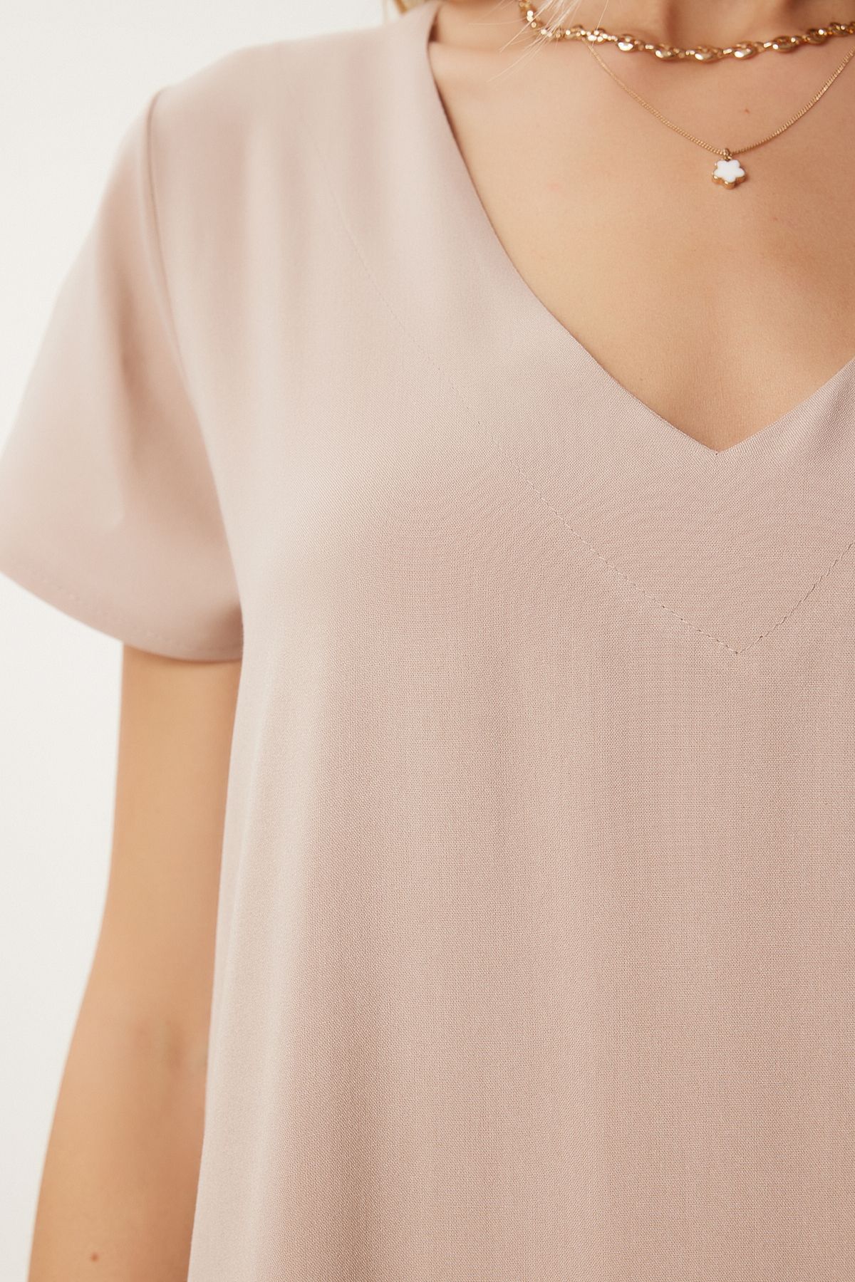 Women's Cream V -Neck Summer Casting Viscose Dress EN00612