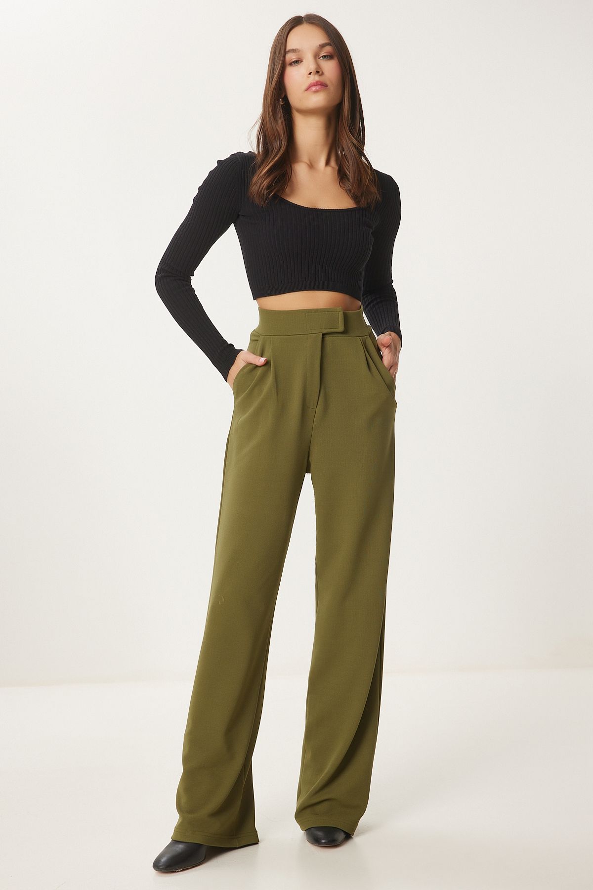 Female Khaki Waist Calcare Casual Woven Pants RV00150