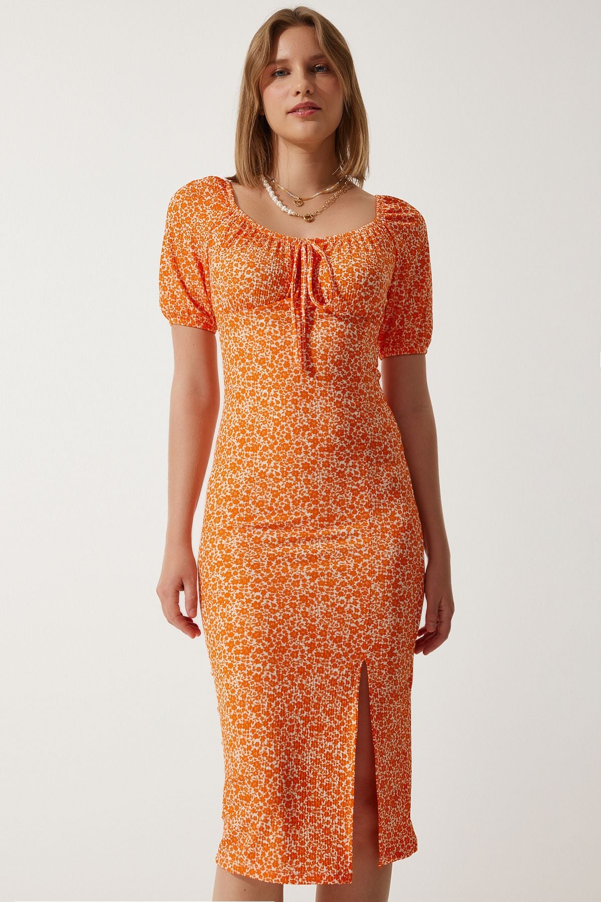 Female Orange Patterned Shirred Knitting Dress CI00102