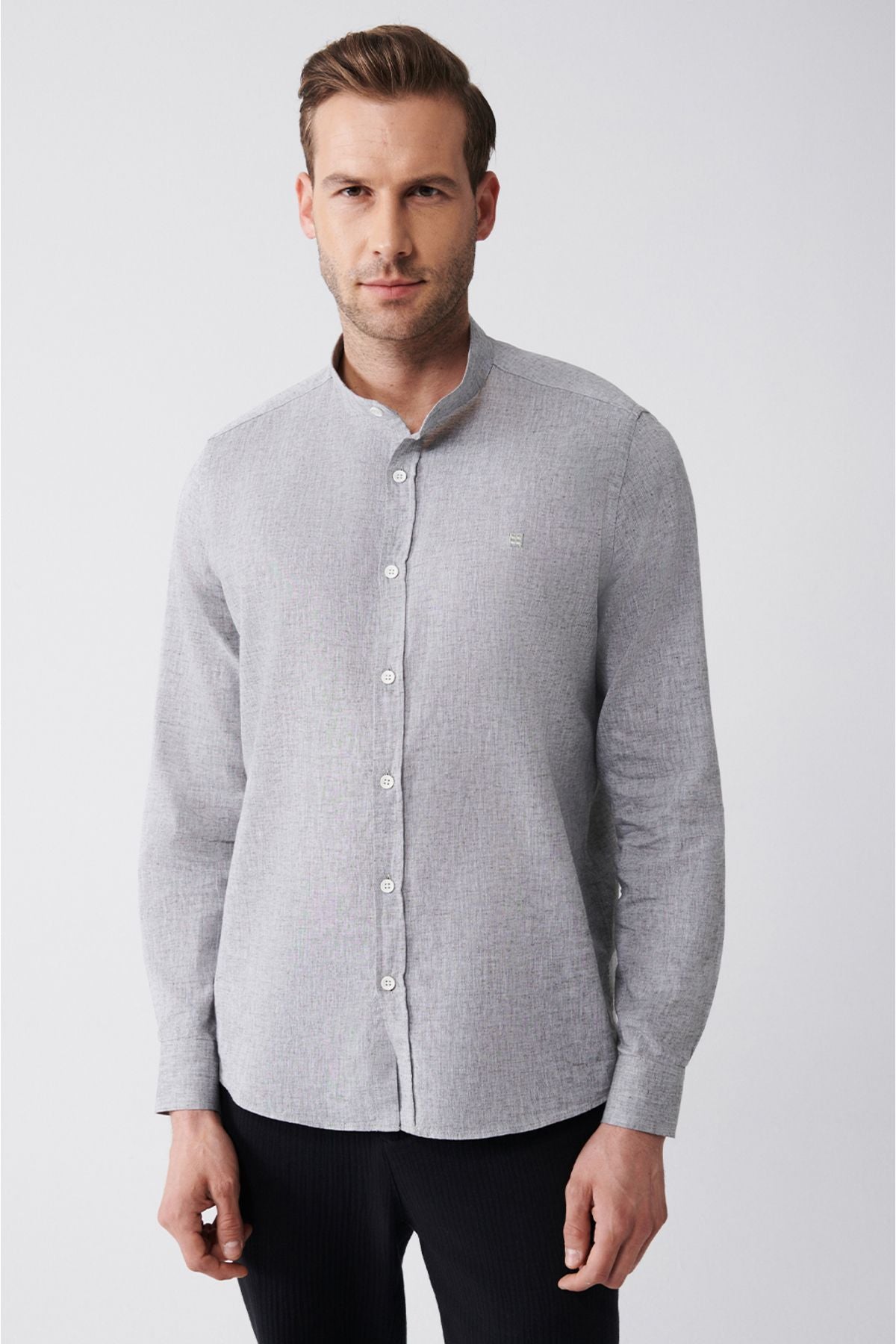 Men's anthracite judge collar linen mixed shirt B002027