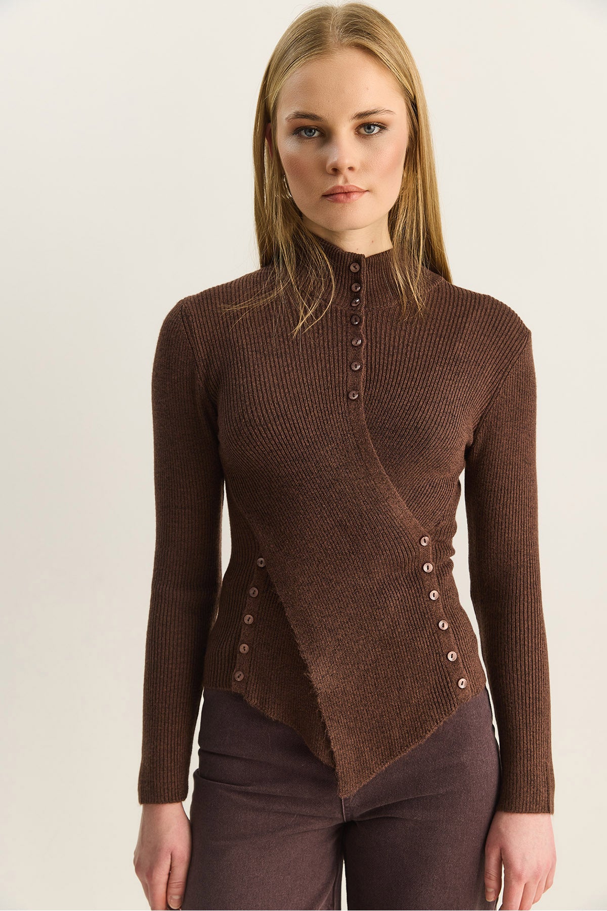 Women's Turtleneck Asymmetrical Button Detailed Knitwear Sweater TK251027 60283908