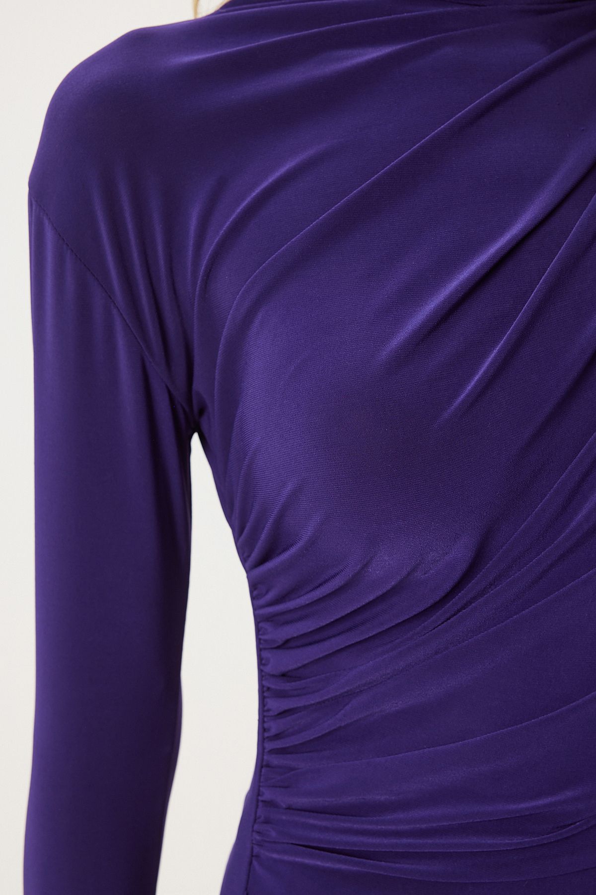 Female purple shirring detailed upright collar sandy blouse FF00135