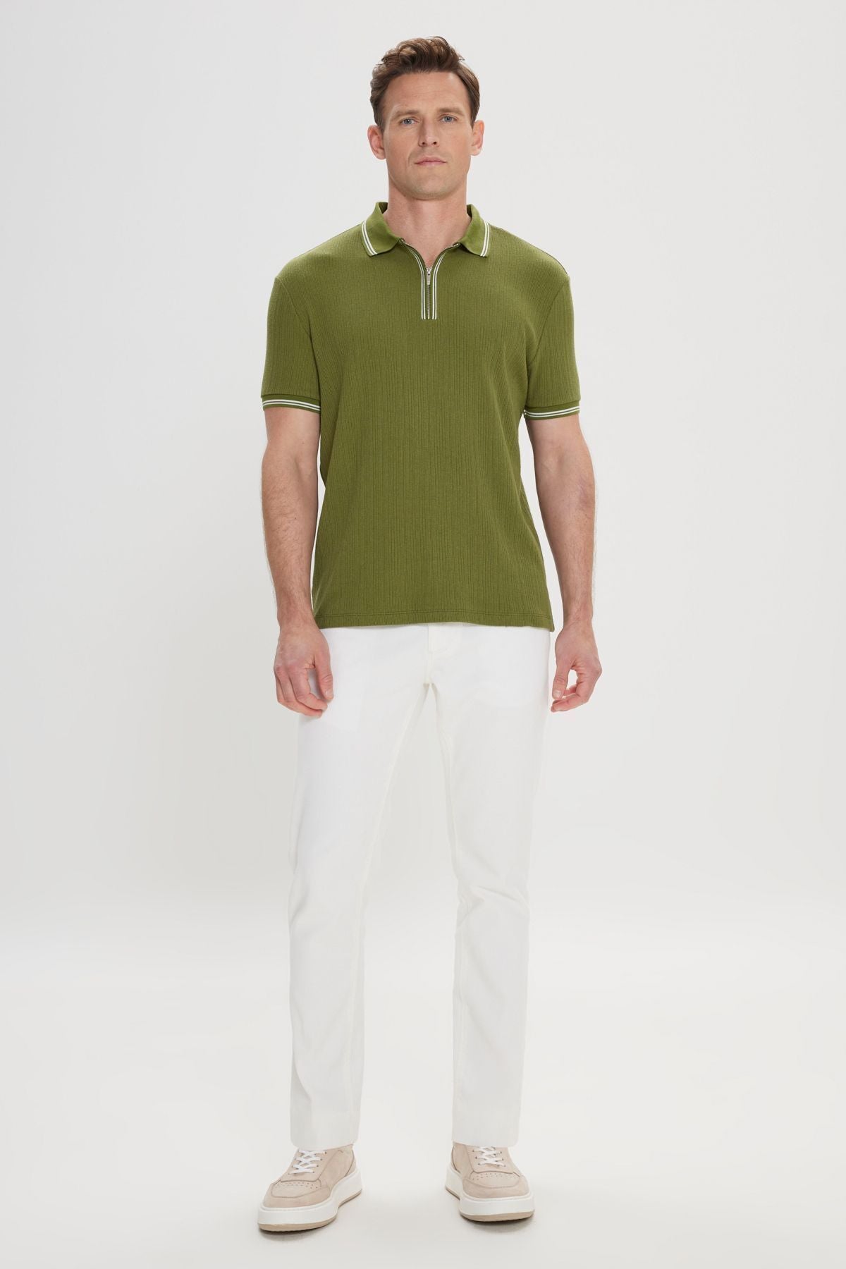 Men's Khaki-Ekru standard Fit Normal Cutter Cotton striped Polo Yaka T-shirt