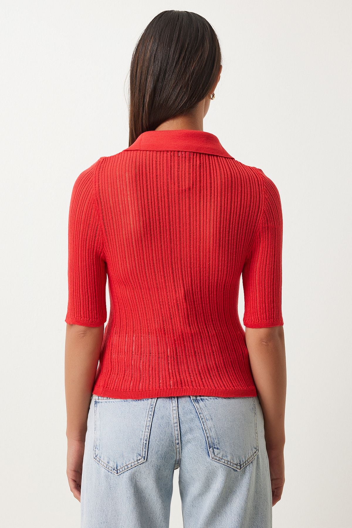 Woman Red Polo Yaka Light Transparent Triko Blouse FN03211
