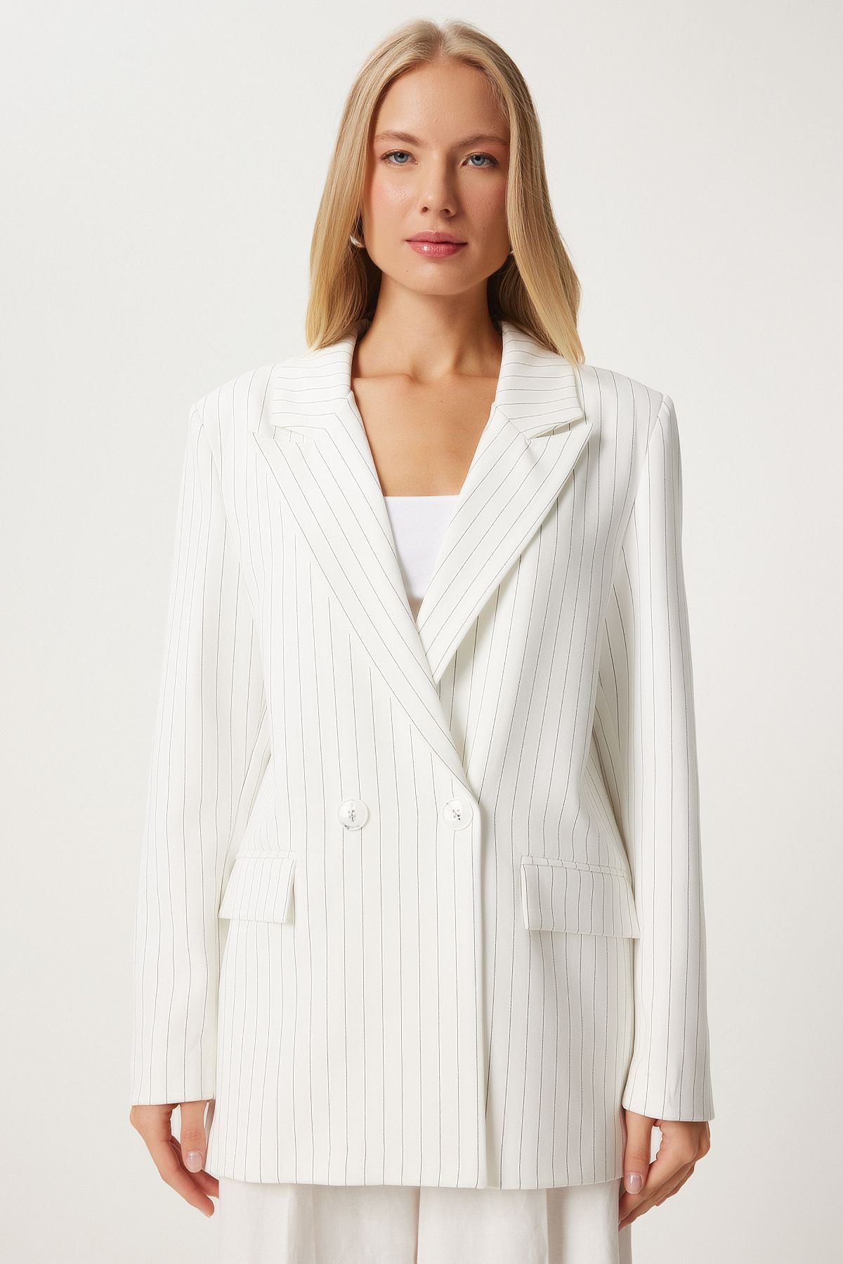 Woman Ekru Fine Striped Oversiz Cruve Jacket to00152