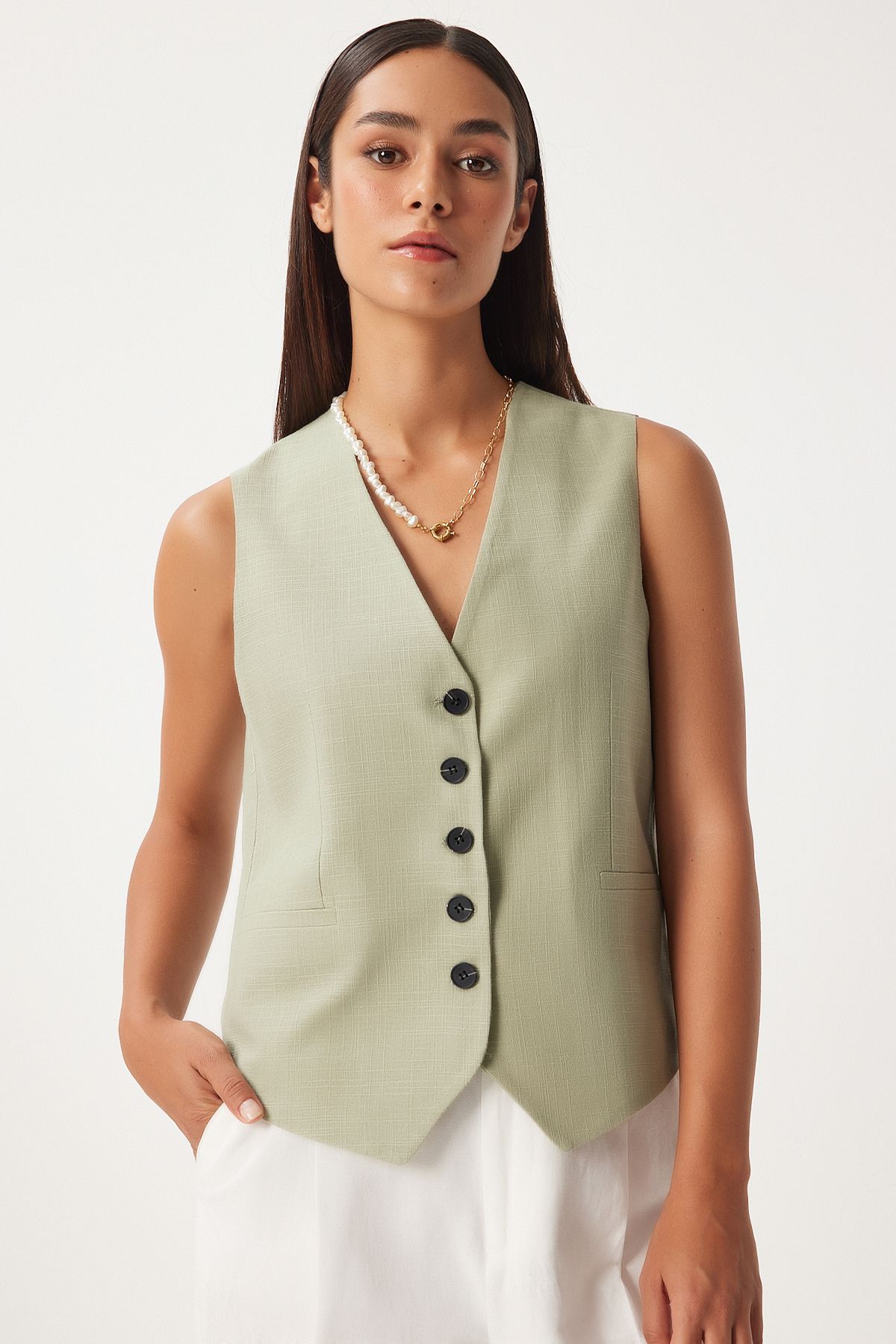 Female Cagla Green Button Closed Linen Vest DP00207
