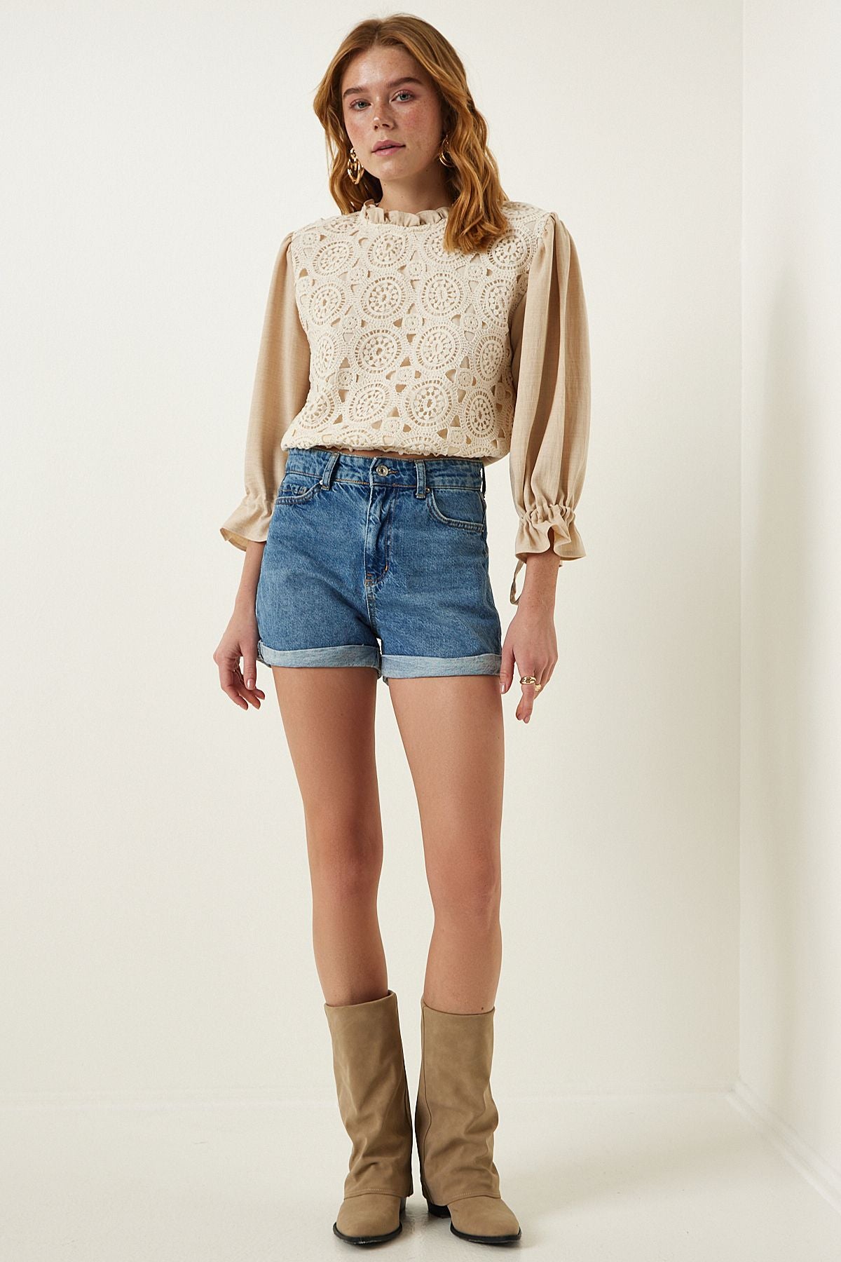 Female beige lace detailed weaving linen blouse TP00024