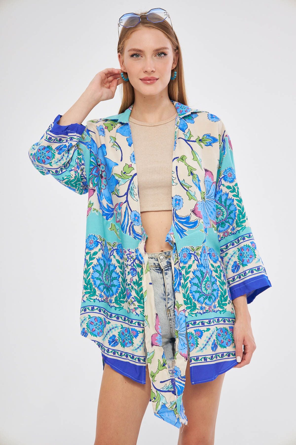 Female Saks Patterned front-binding kimono shirt ARM-24Y001080