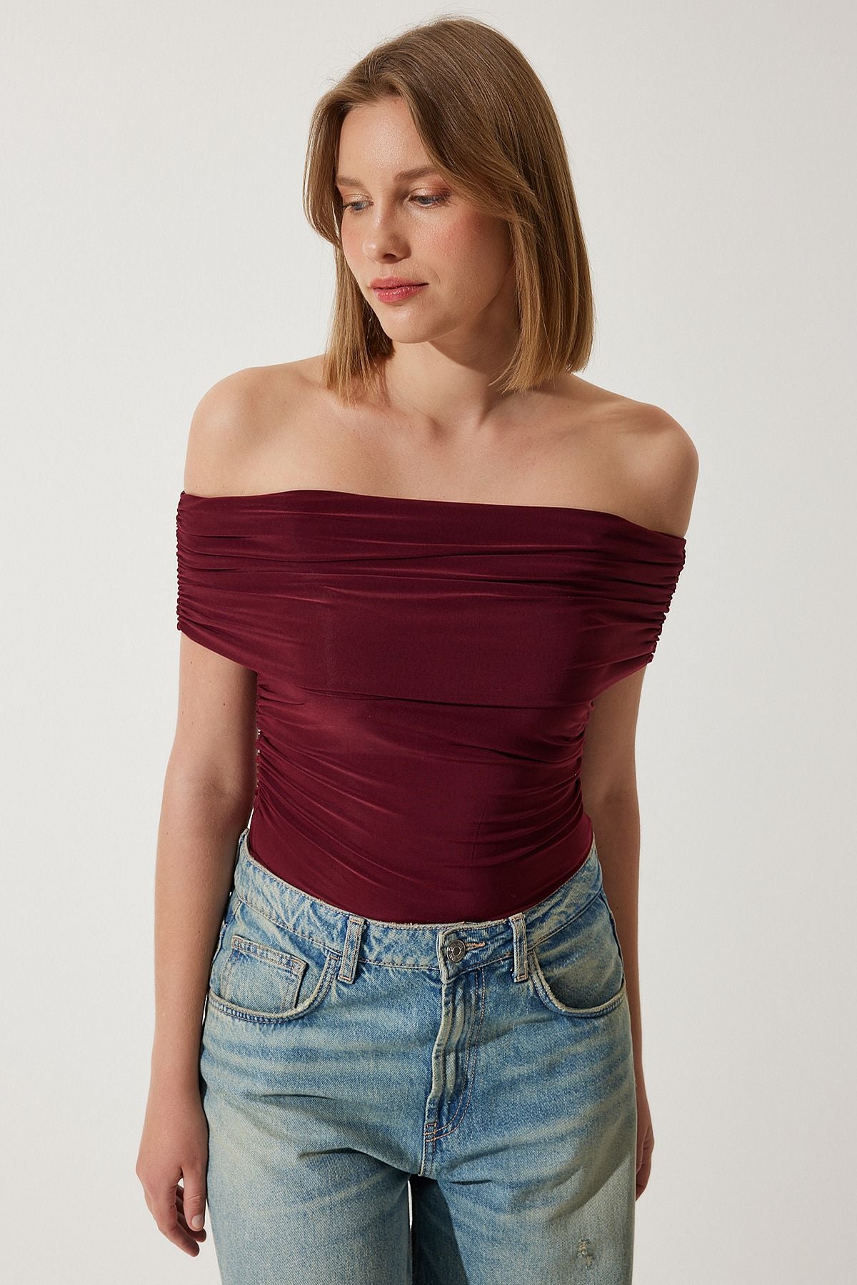 Woman Bordeaux Shirred Shoulder Sandy Blouse to00132