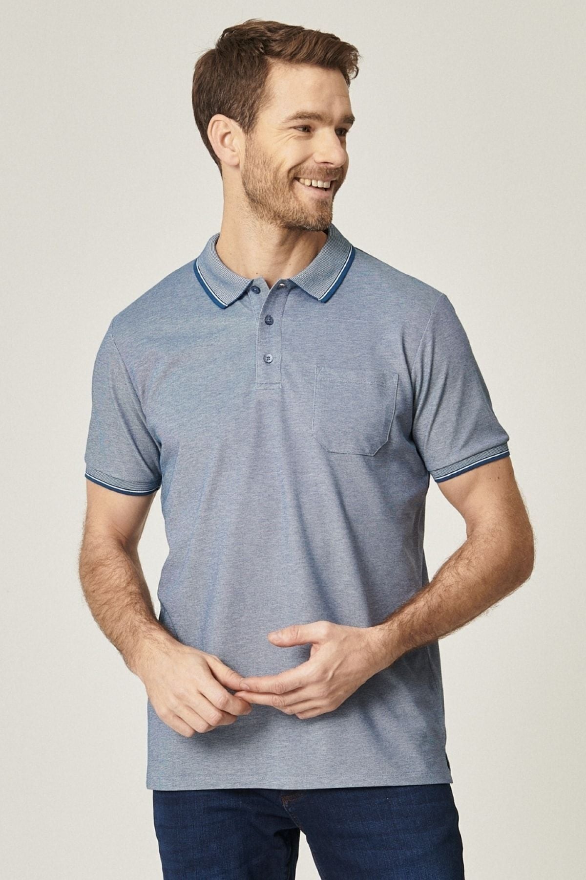 Men-drawn cotton fabric comfort fit comfortable cut Indigo-White Curled Polo Yaka Pocket T-shirt