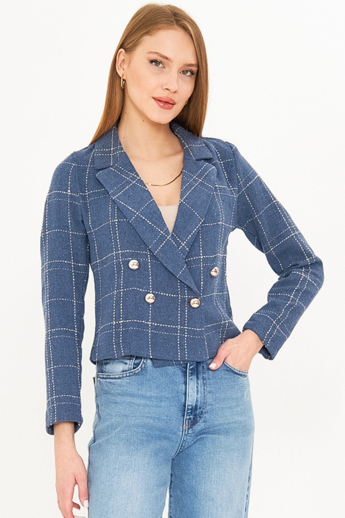 WOMEN INDIO-BEJ KROVAZE YAKA TÜVİT CROP JACKET ARM-24K001014