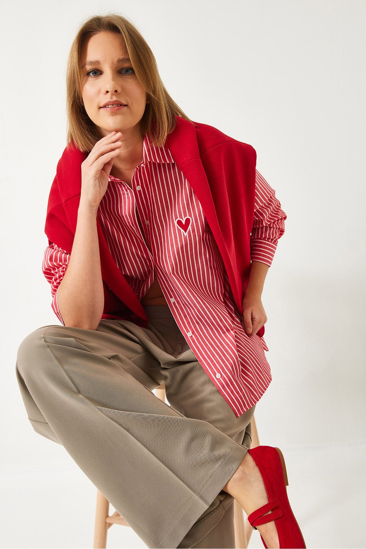 Female Embroidery Heart Embroidered Striped Shirt 60221016
