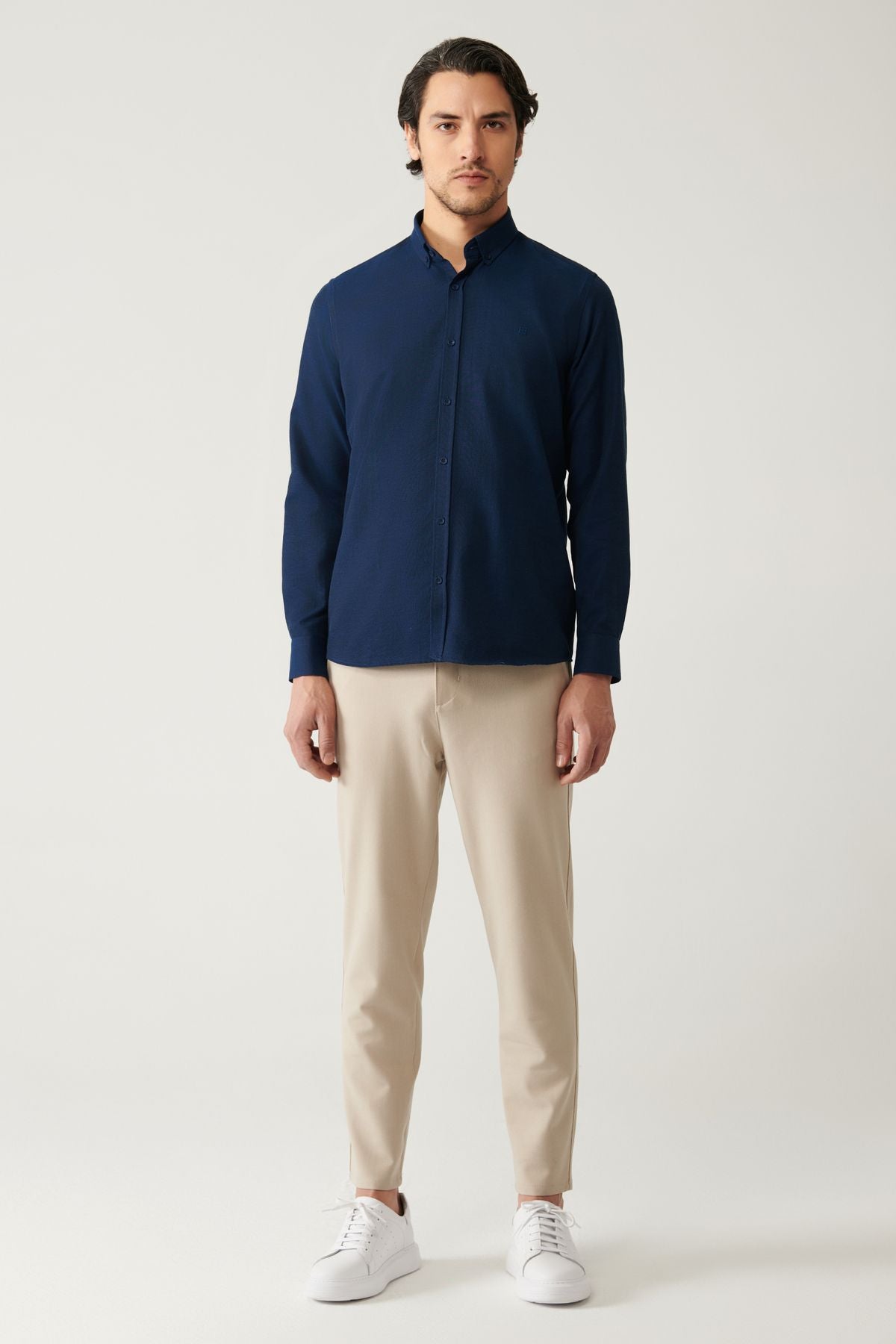 Men's navy blue button collar easily ironed cotton Oxford Shirt E002000