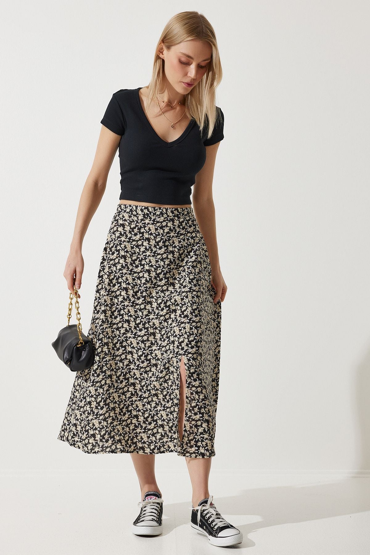 Female Black Beige Flower Swantry Summer Viscose Skirt MX00165