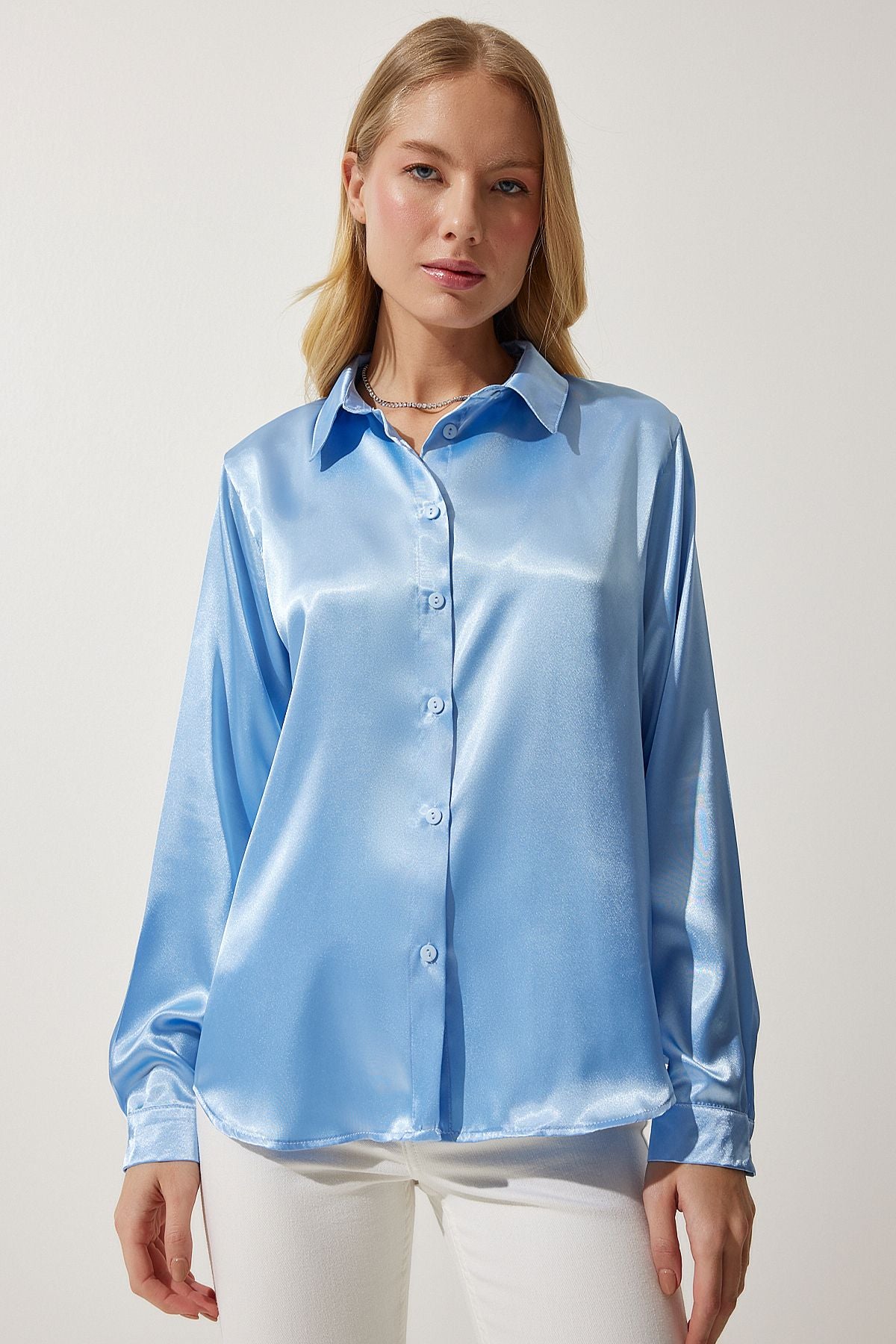 WOMEN SKY BLUE BLUE LIGHTED SATIN SOLUTION SHIRT DD00990