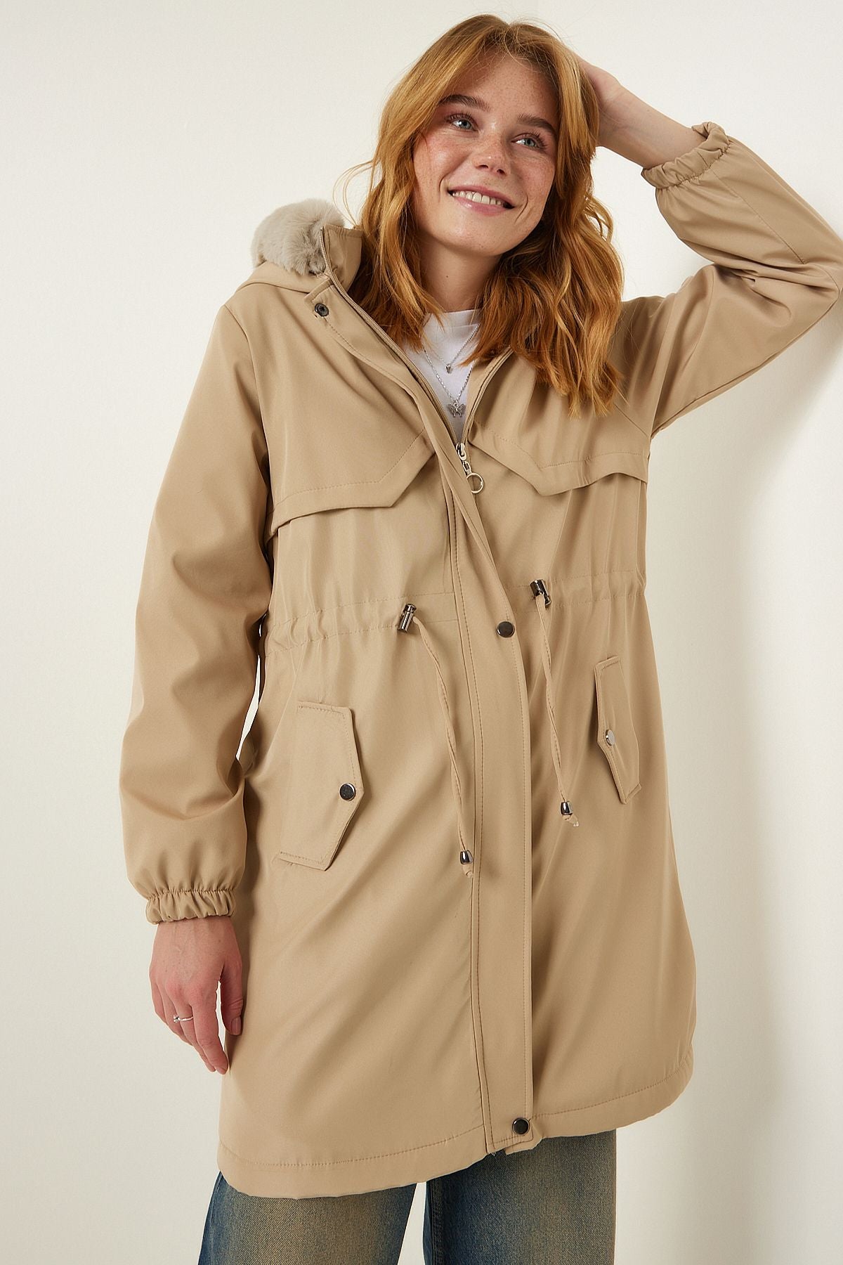 Fur furry coat with a woman beige hooded DD01292