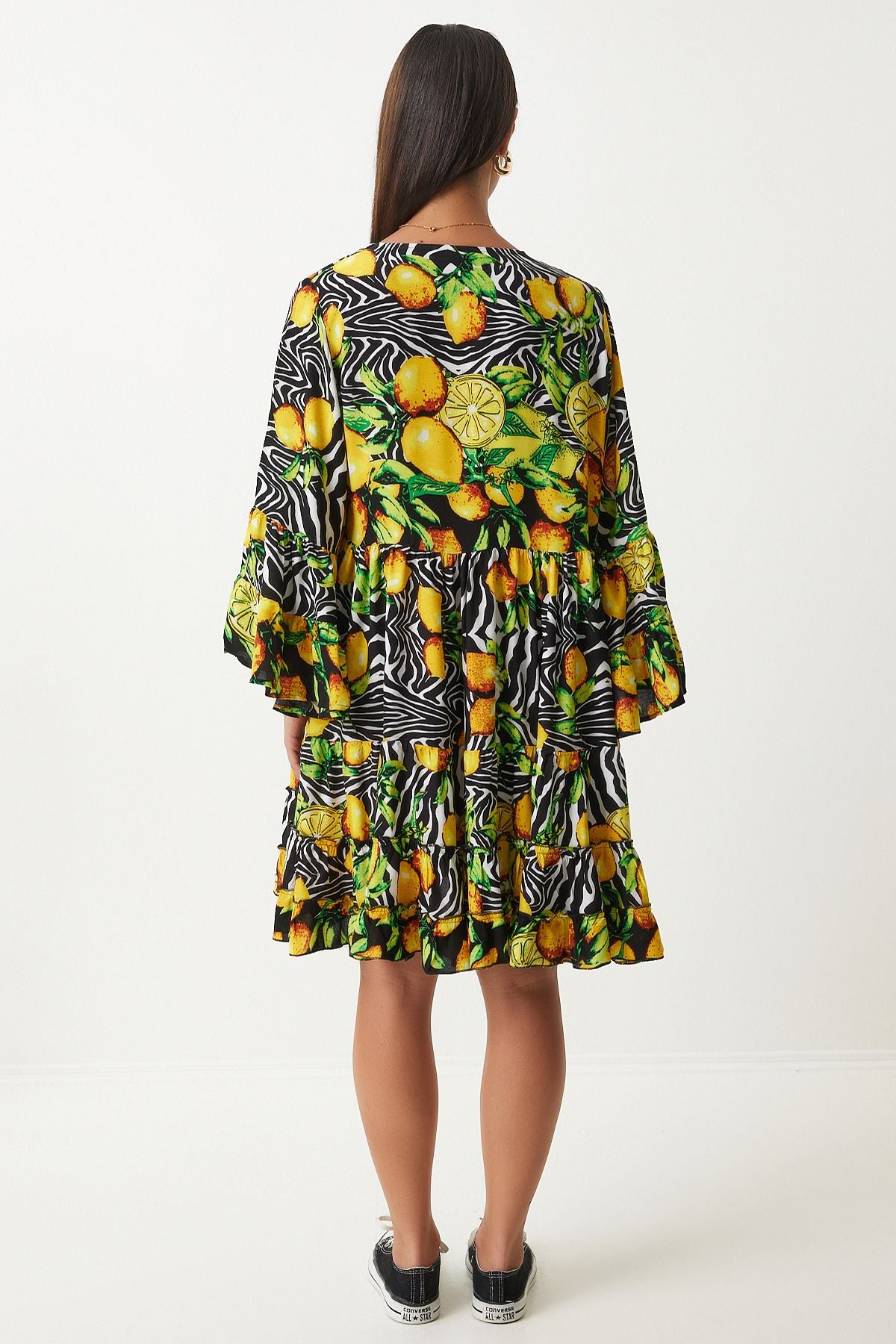 Woman Yellow Black Patterned Summer plenty of viscose dress FN03200