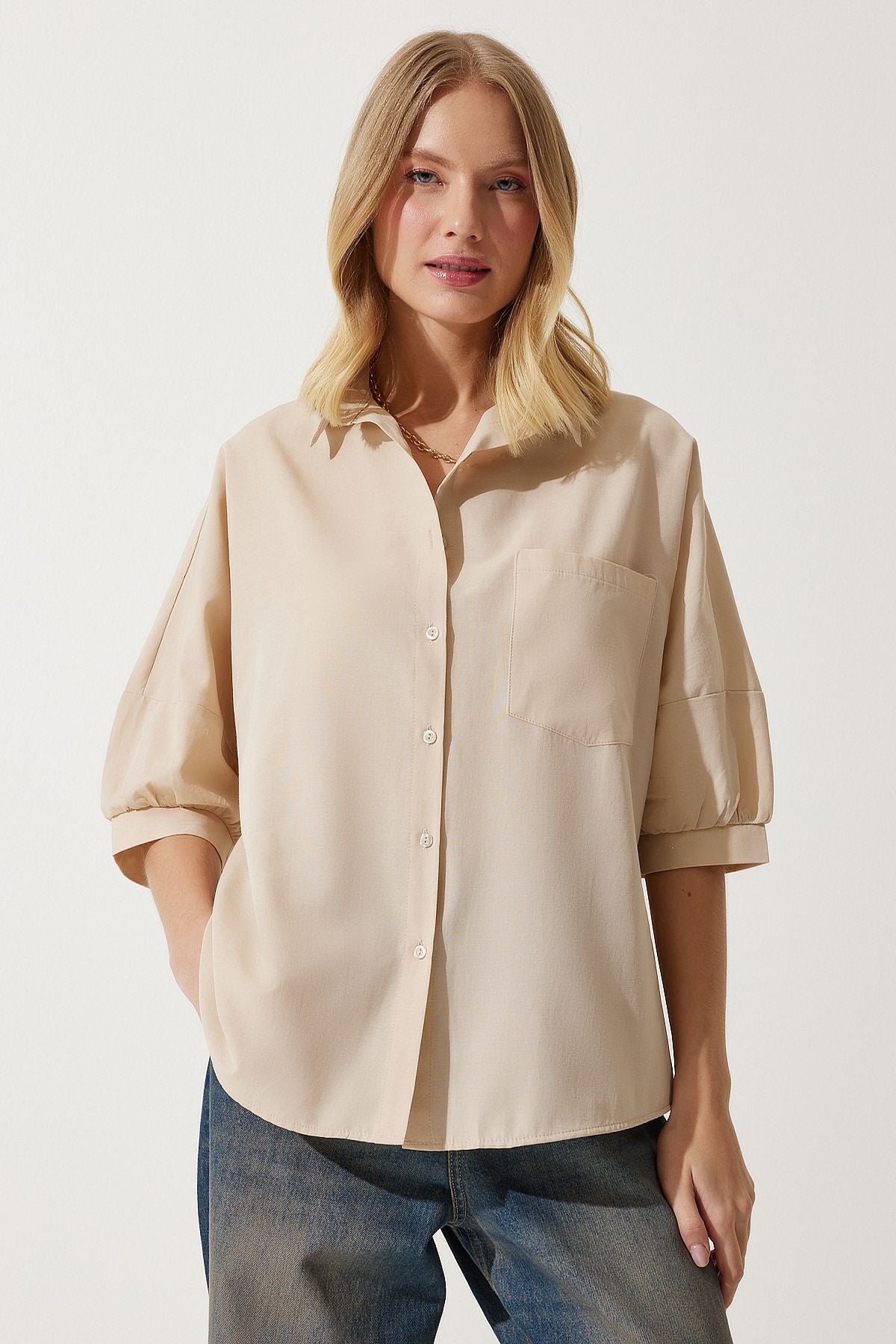 Women's Cream Balloon Sleeve Poplin Shirt DD01308