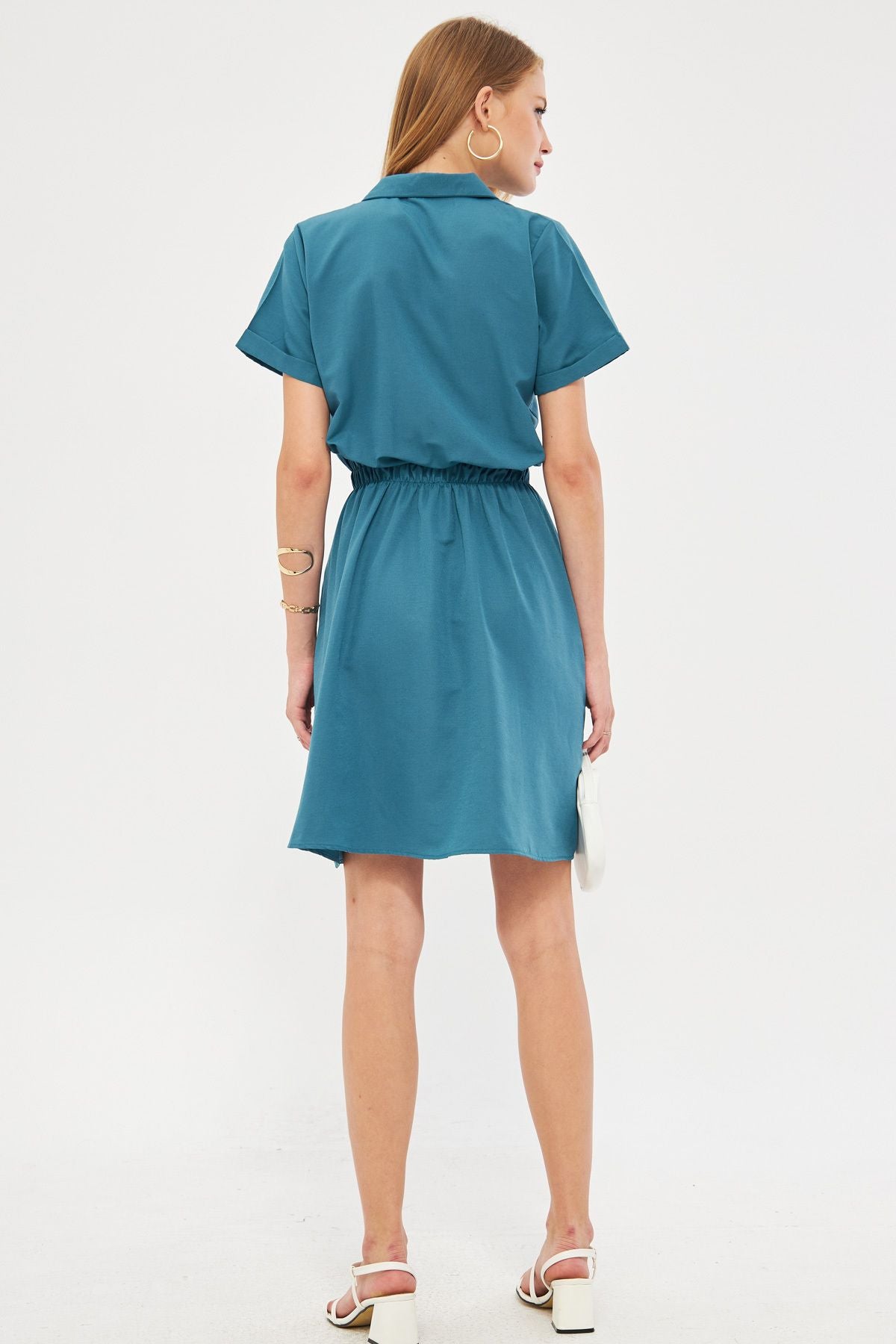 Female turquoise waist tire short sleeve shirt dress ARM-23Y001035