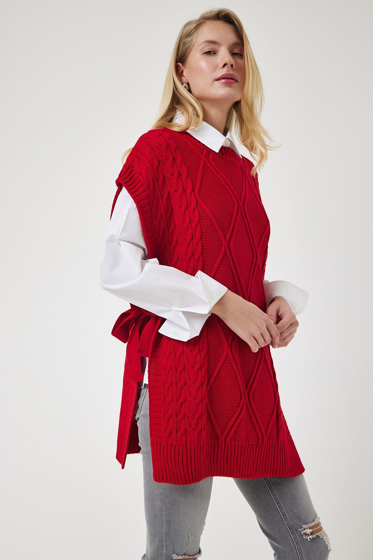 Woman Red Connect Detailed Oversiz Knitwear Süveter YG00104