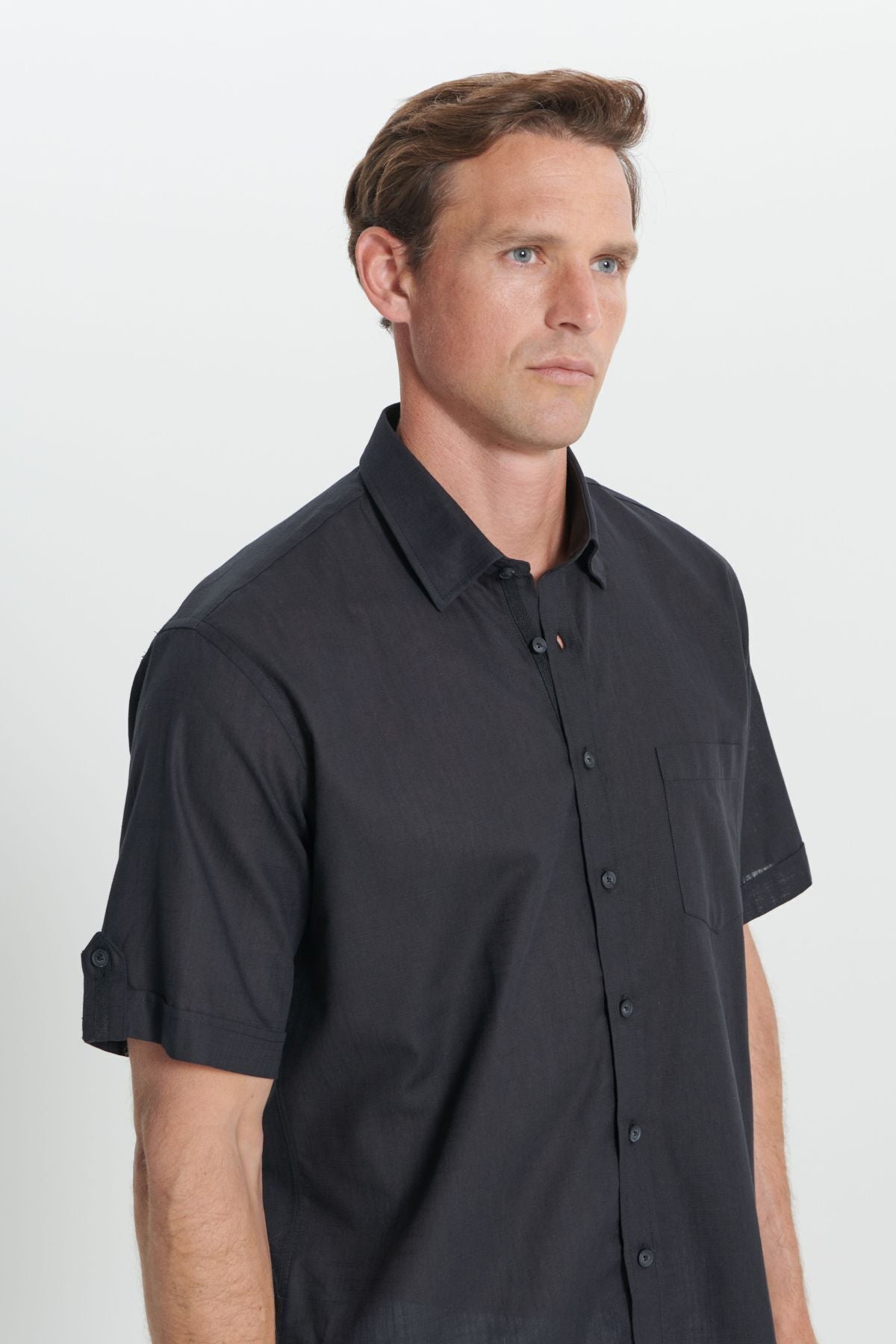 Men's Black Comfort Fit Casual Cutting Buttoned Neck Linen Look 100 %Cotton Short Sleeve Shirt