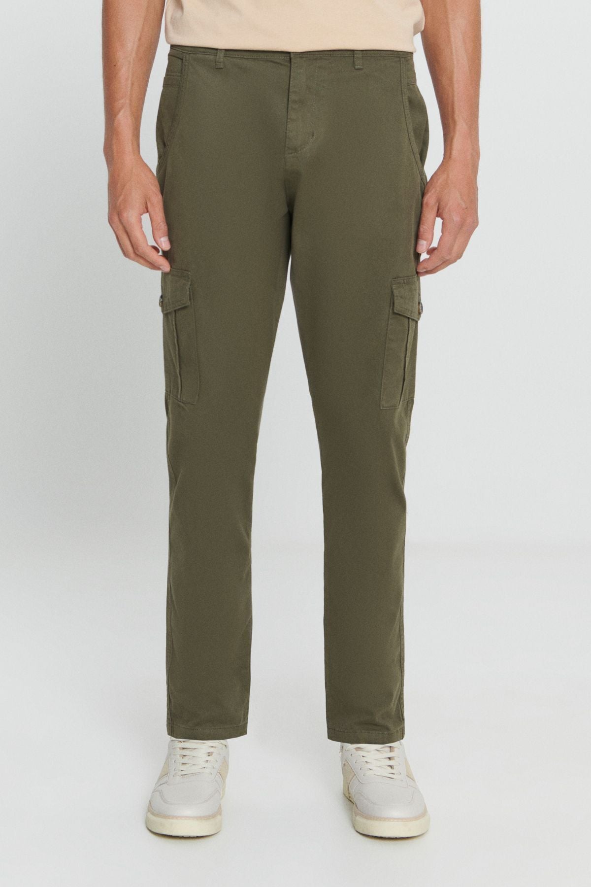 Men's Khaki Extra Slim Fit Narn Cut Cargo Pocket Cotton Flexible Pants