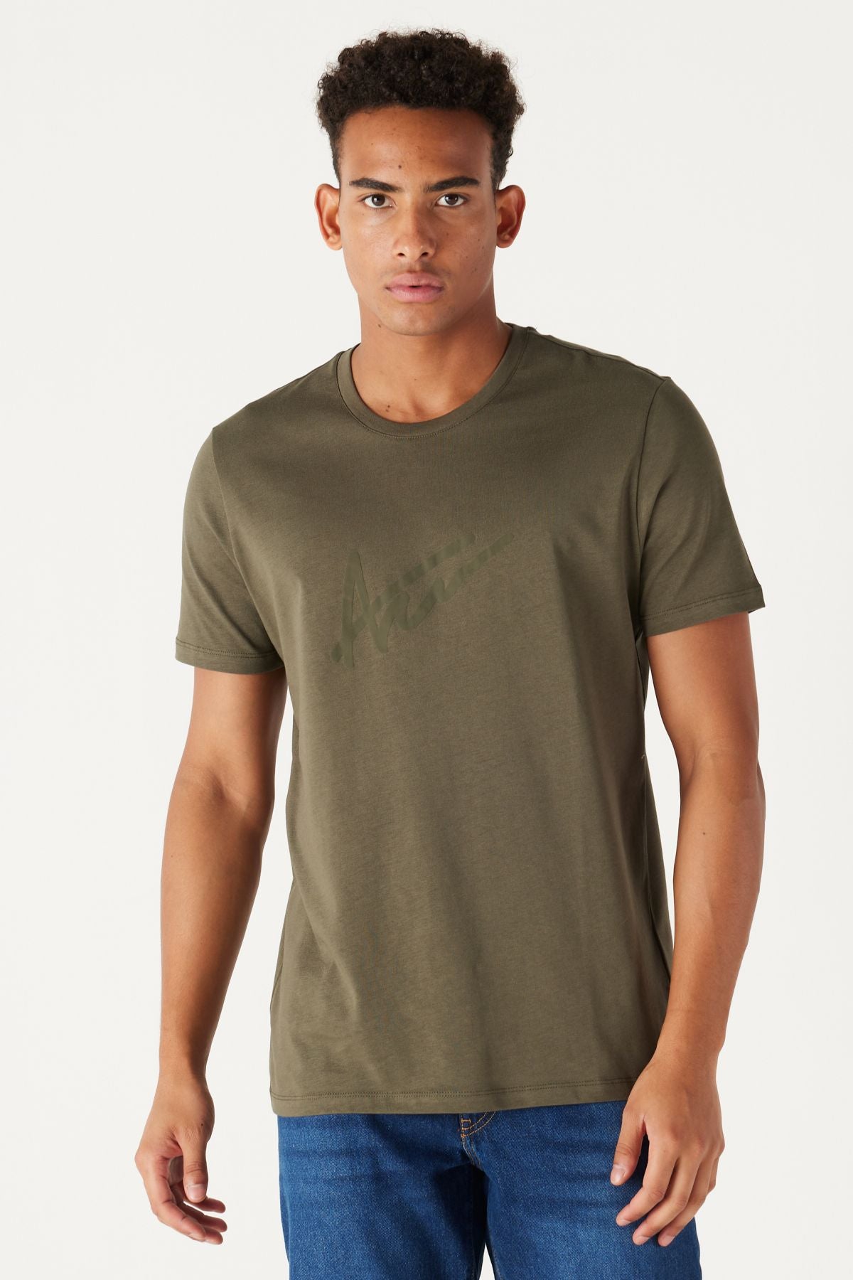 Men's Khaki Slim Fit Narrow Cut Bicycle Collar 100 %Cotton Printed T -shirt