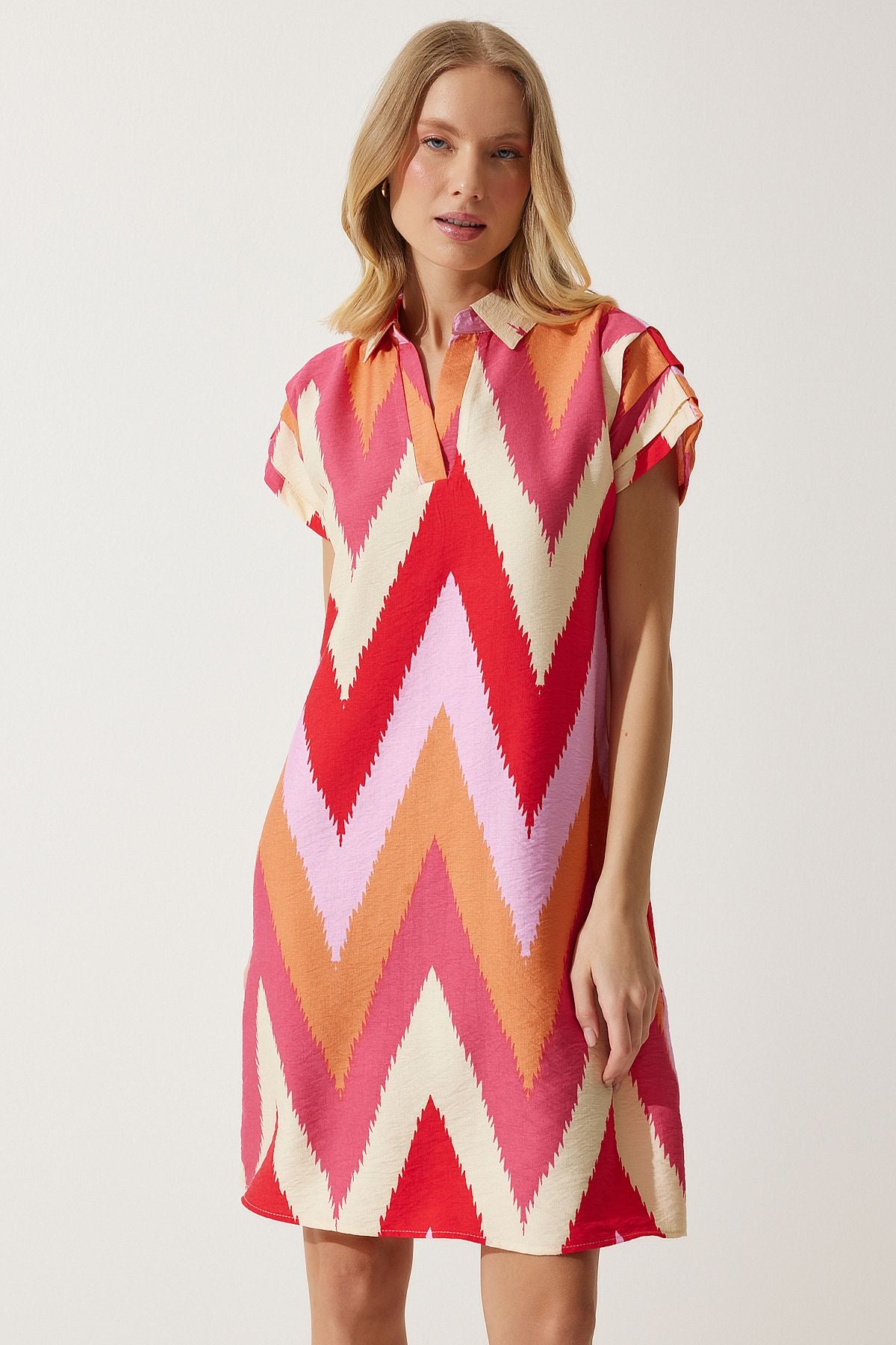 Woman Red Cream Polo Yaka Patterned Summer Dress of00001