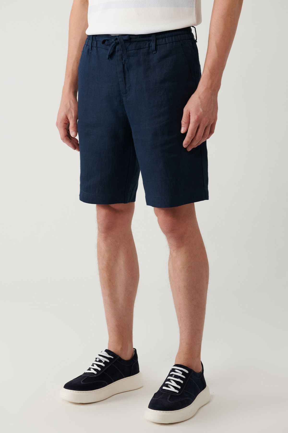 Men's Navy Blue Assos Shorts with Elastic Waist 100% Linen Relaxed Fit A41y3710