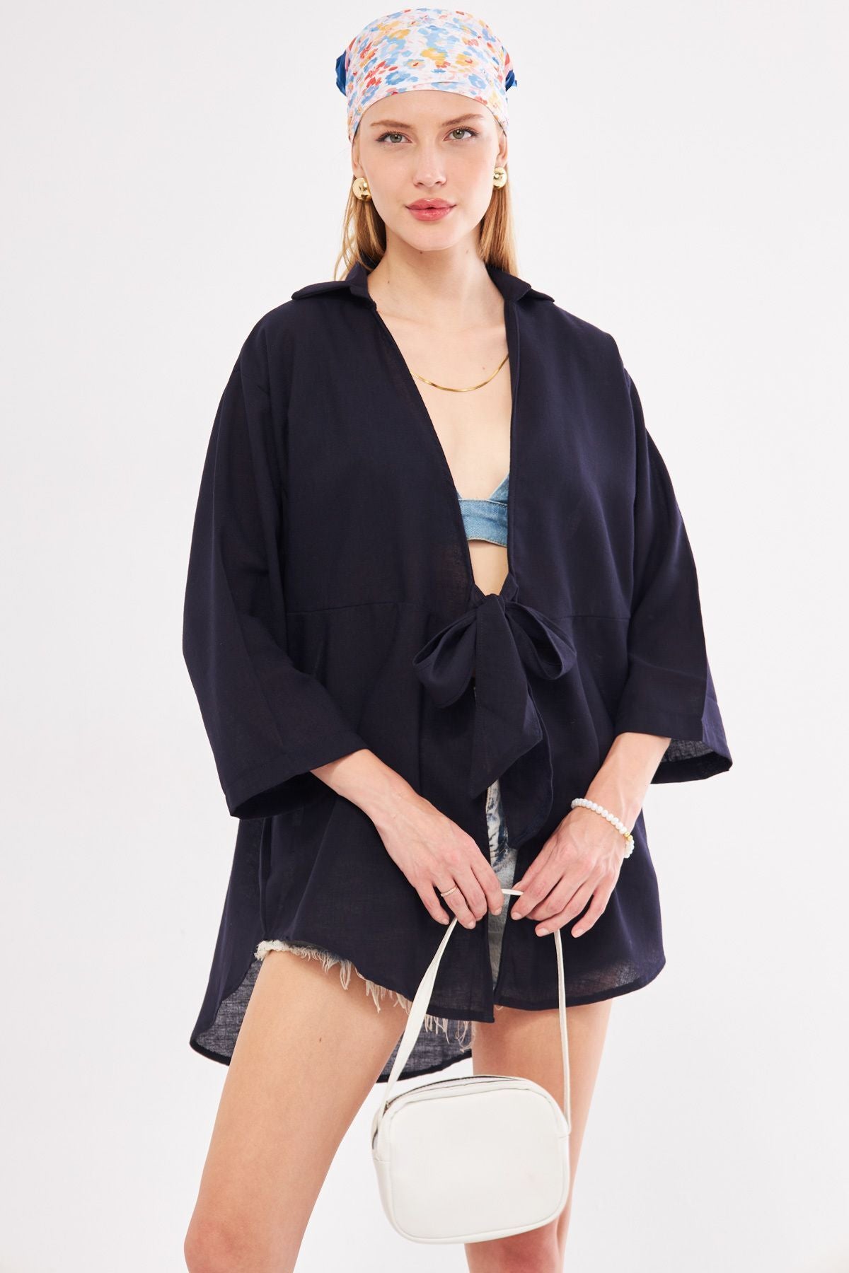 Woman Dark Navy blue linen-looking front-binding kimono shirt ARM-24Y001063