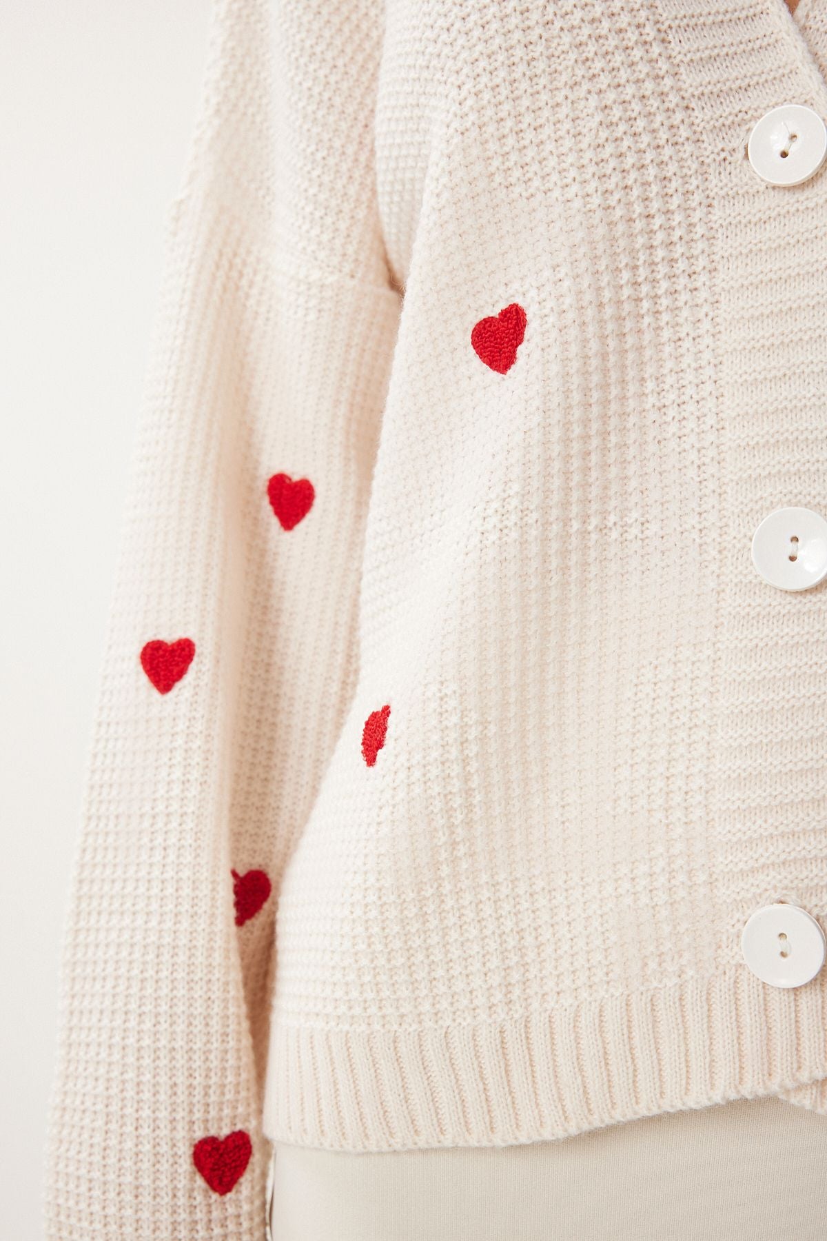 Women's Cream V -Neck Heart Textured knitwear cardigan kg00011