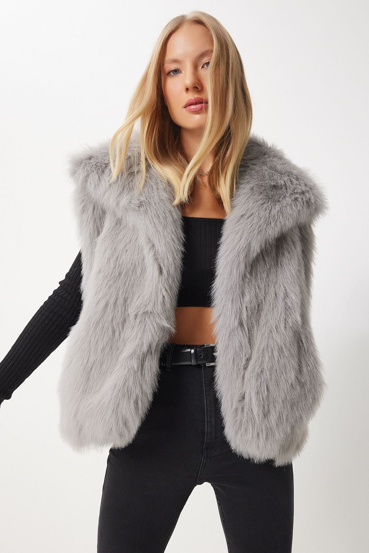 Women's Stone Gray Artificial Fur Vest YL00003
