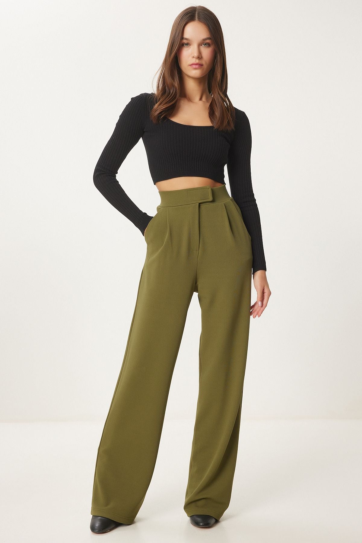 Female Khaki Waist Calcare Casual Woven Pants RV00150