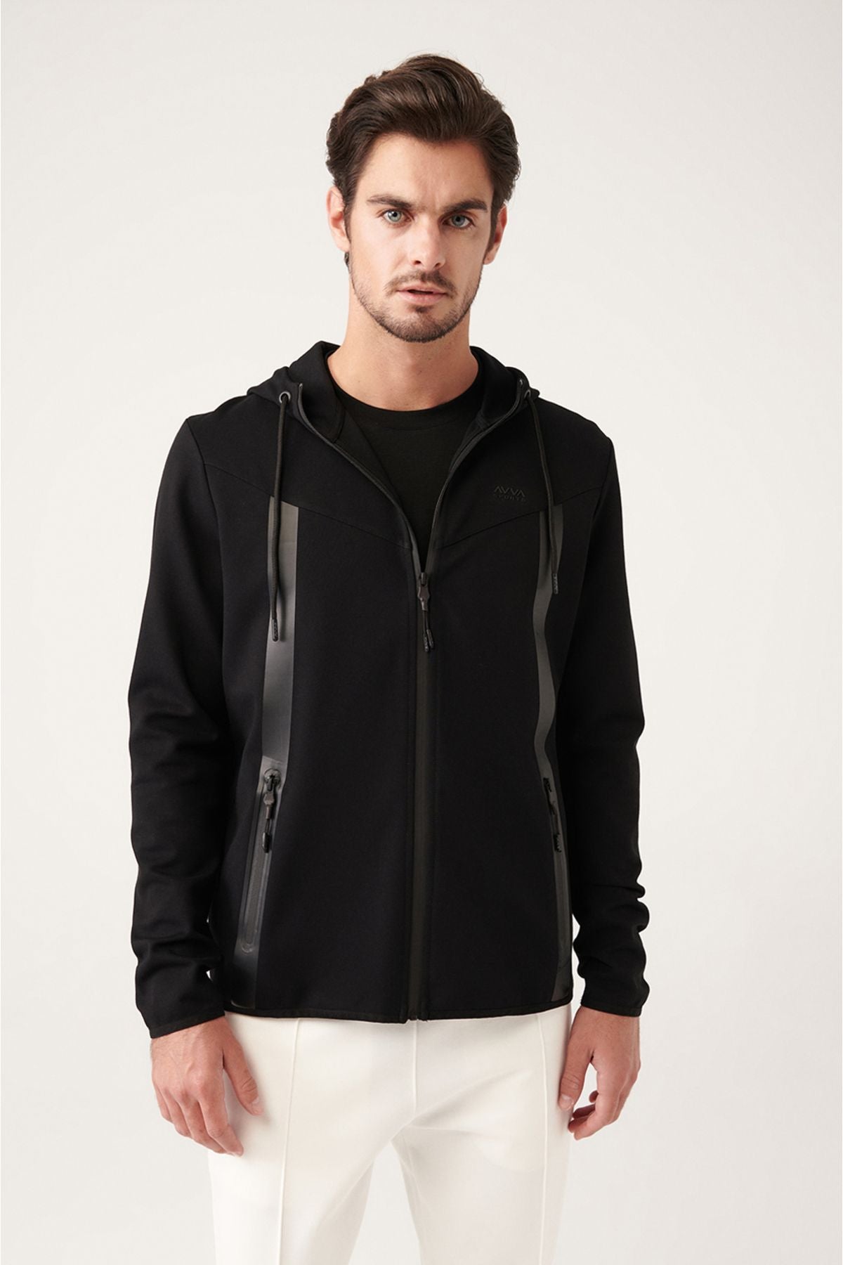 Men's black interlok fabric hooded zipper sweatshirt A31y1202