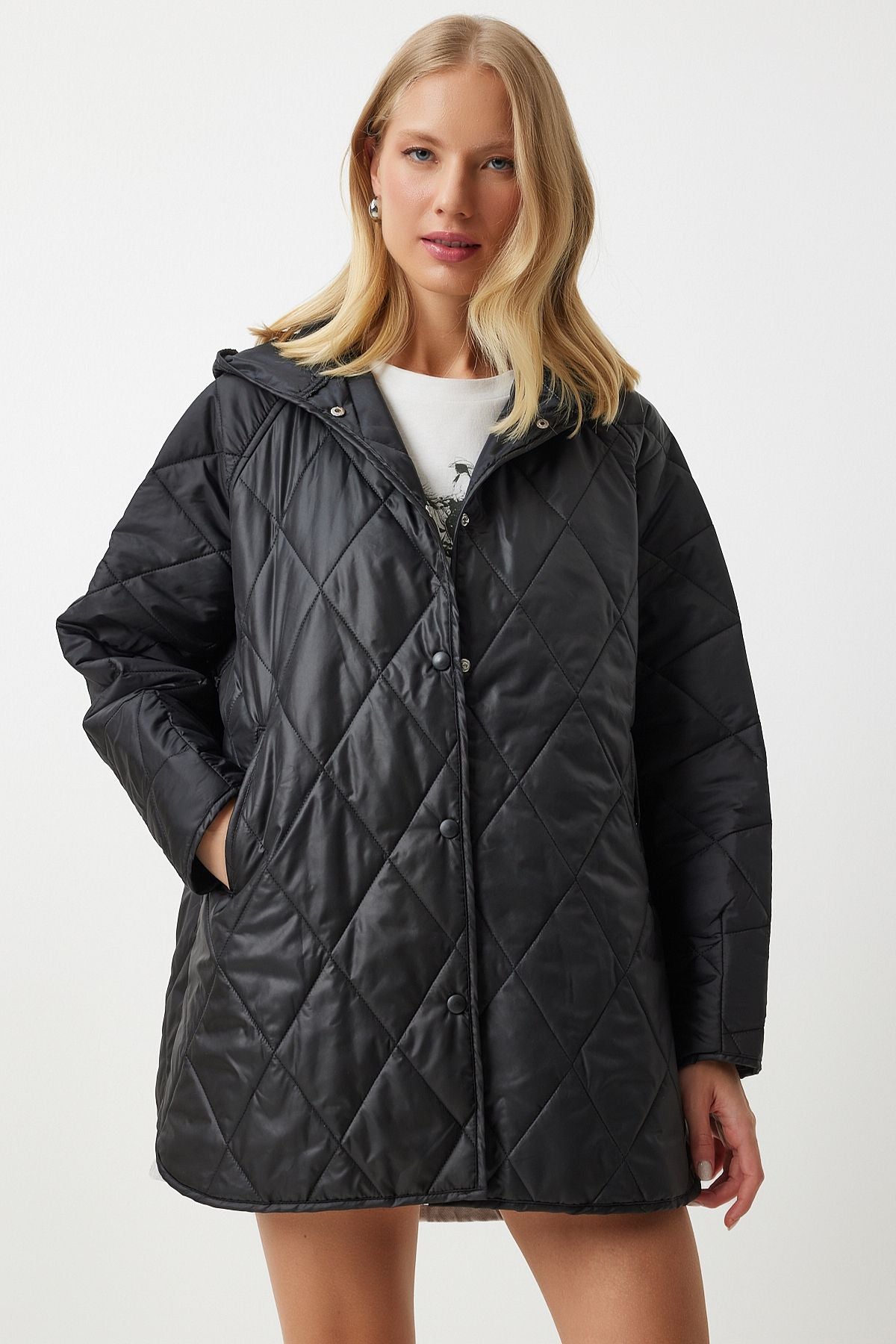 Female black hooded quilted oversize coat FN02905